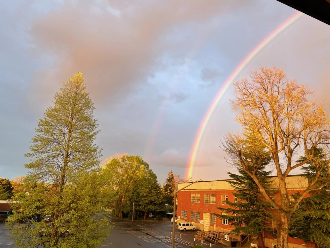 A scene of a rainbow in the sky above trees and a brick building, with a parking lot in the foreground and dark clouds overhead.