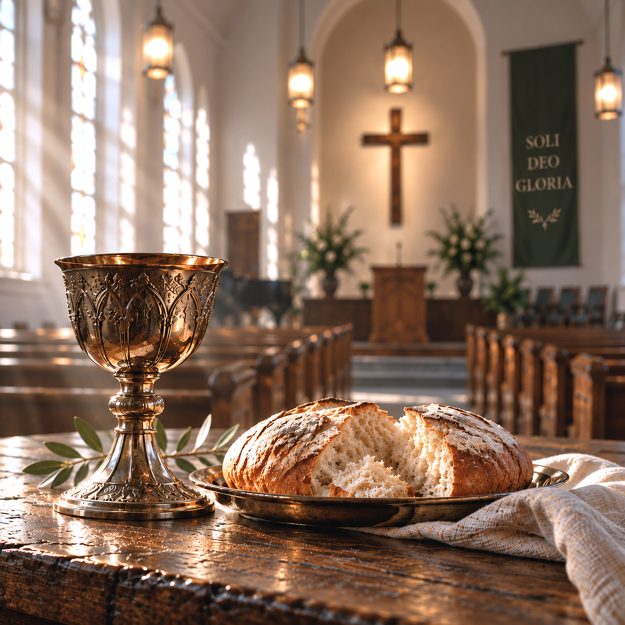 An image of a wine goblet with some bread on a plate on top of a wodden table inside a church sancturay