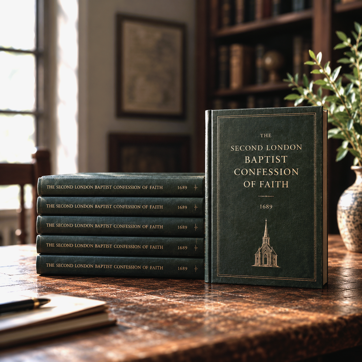 Image of stacked books of the 2nd London Baptist Confession of Faith