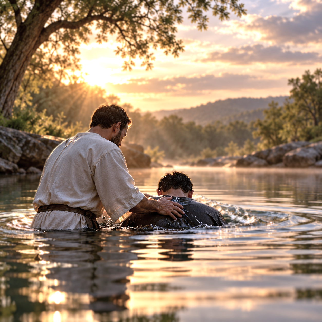 Image of an individual being baptized in a river