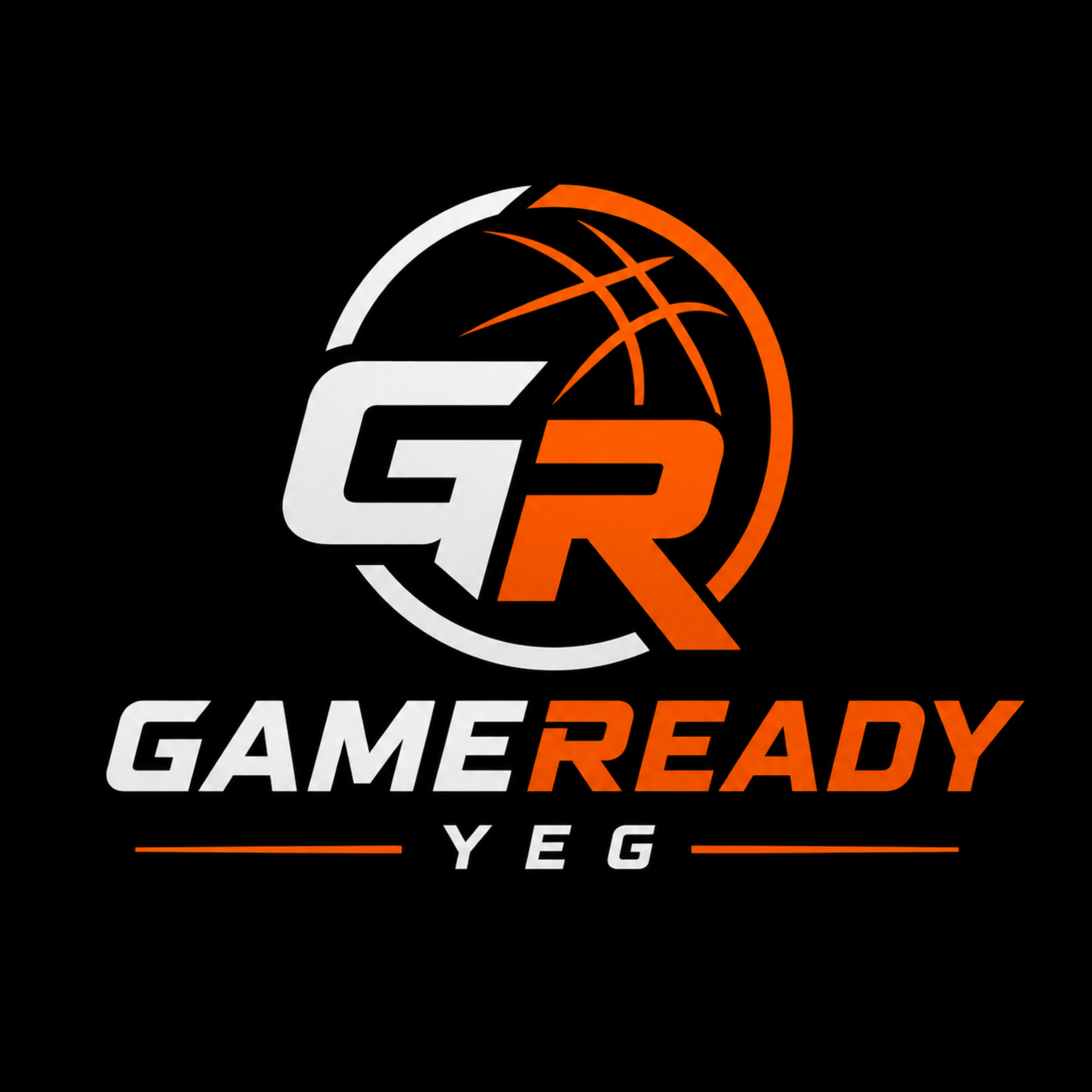 Logo with stylized letters 'G' and 'R' in white, and an orange basketball with curved lines, along with the words 'GAME READY' in white and orange text on a black background.