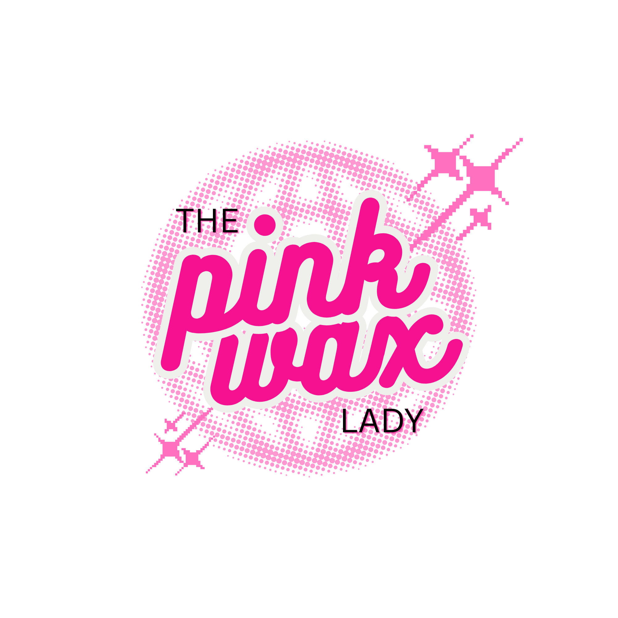 Pink and white text saying 'The pink wax lady' on a black background with pink stars and sparkle effects.
