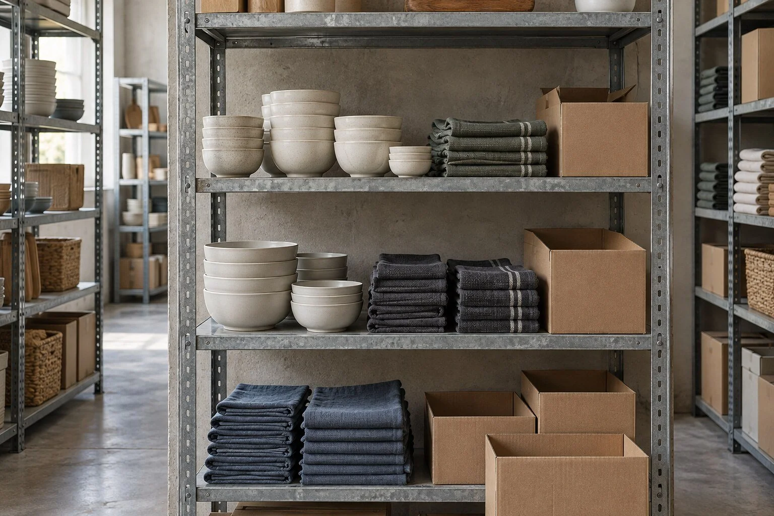 Illustrative home-goods inventory scene, with tableware, textiles and boxes arranged in a store stockroom.