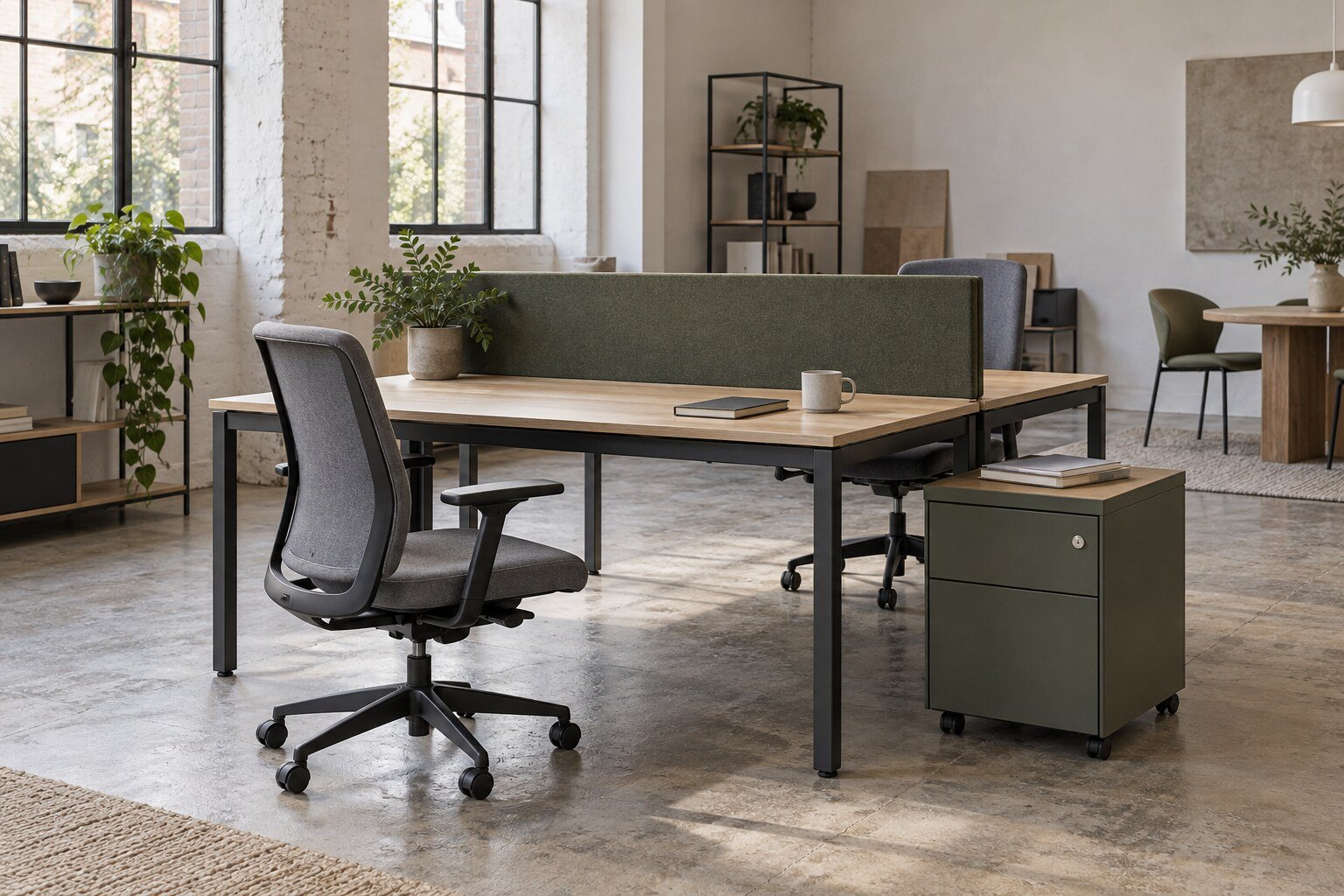 Illustrative scene of modular desks, chairs and a storage cabinet in a naturally lit showroom.