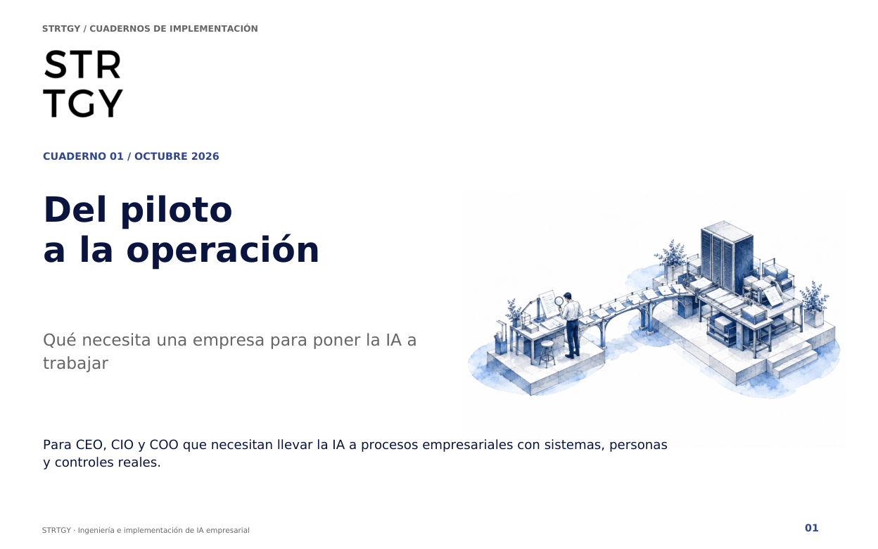 Cover of STRTGY’s From pilot to production workbook, October 2026. Spanish-language PDF.