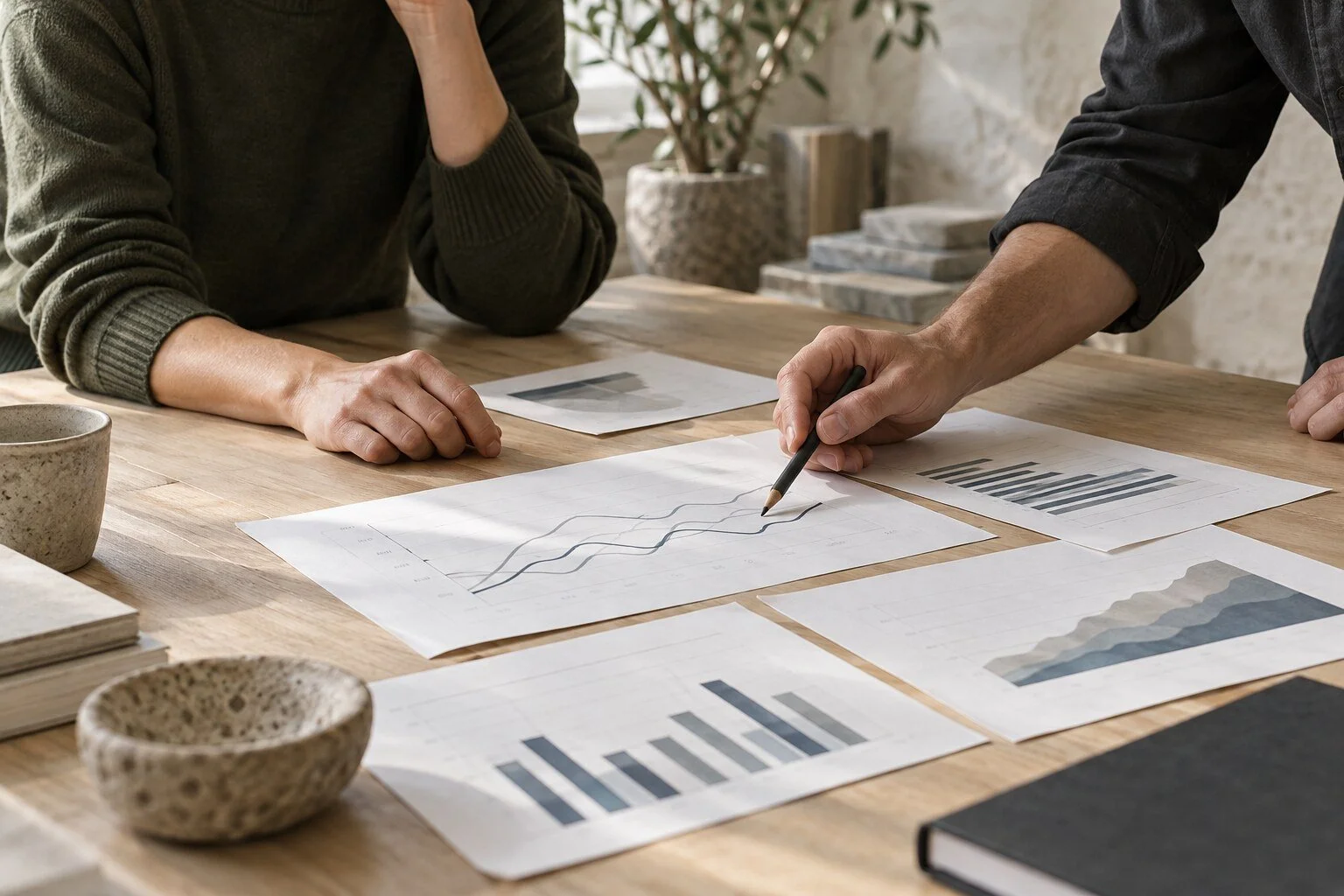 Two professionals reviewing printed charts at a worktable.
