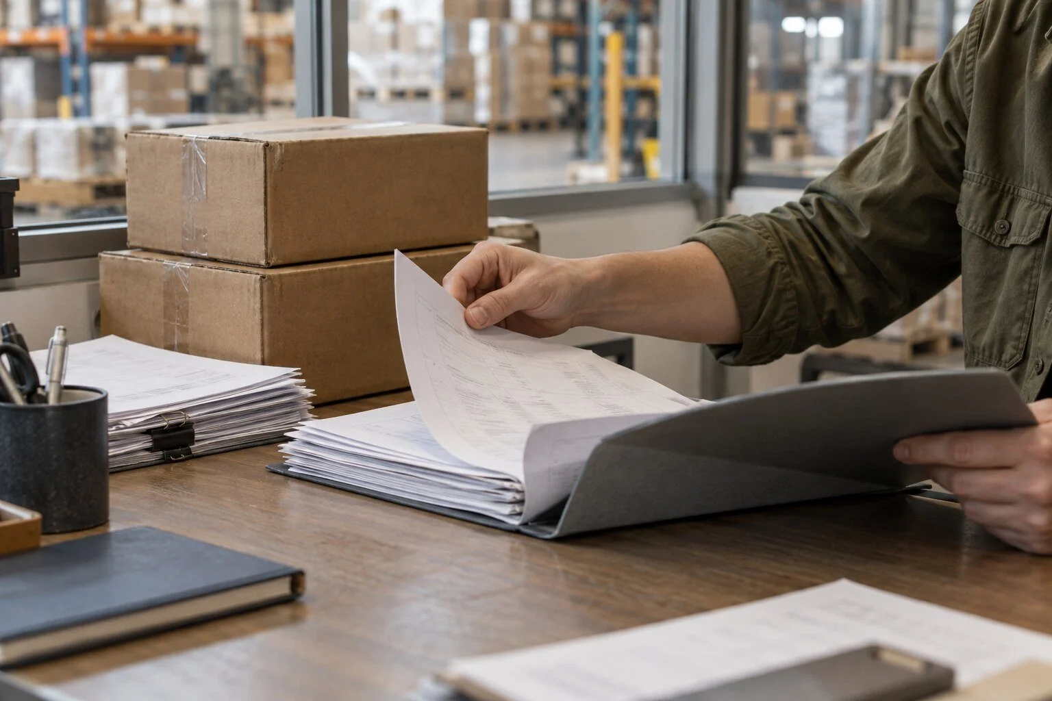 Illustrative scene: a person reviews shipment documents beside cartons in a logistics office.