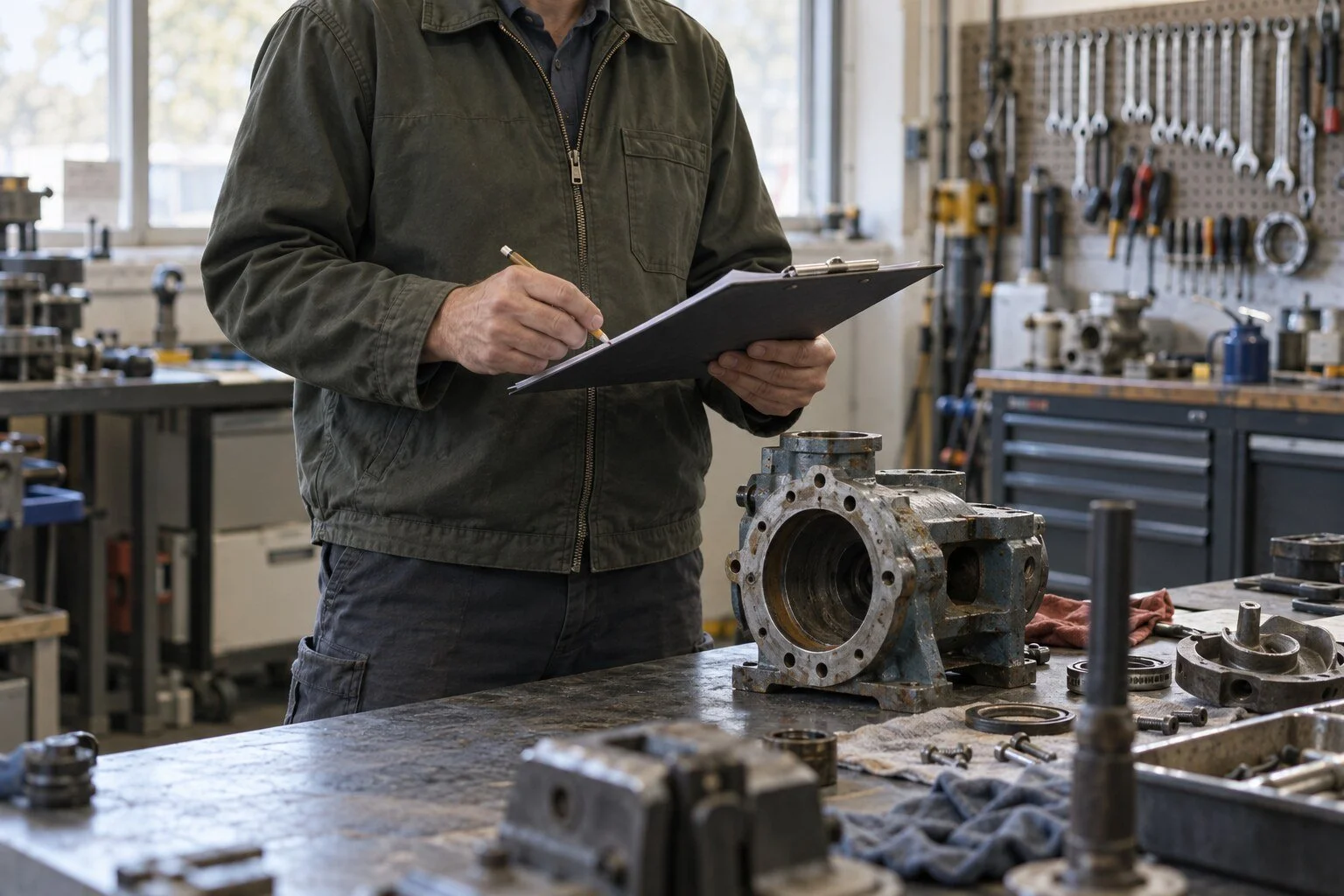 Illustrative review of work and paperwork in a maintenance workshop.
