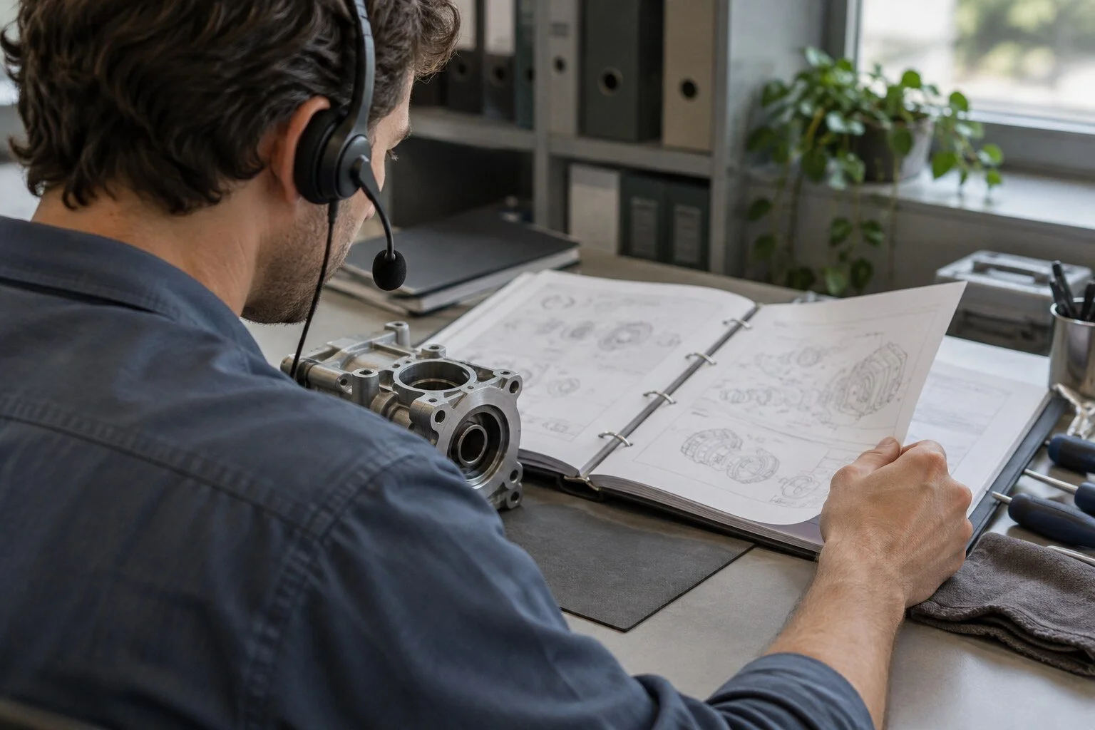 Illustrative after-sales support advisor with a headset, manual and technical equipment.