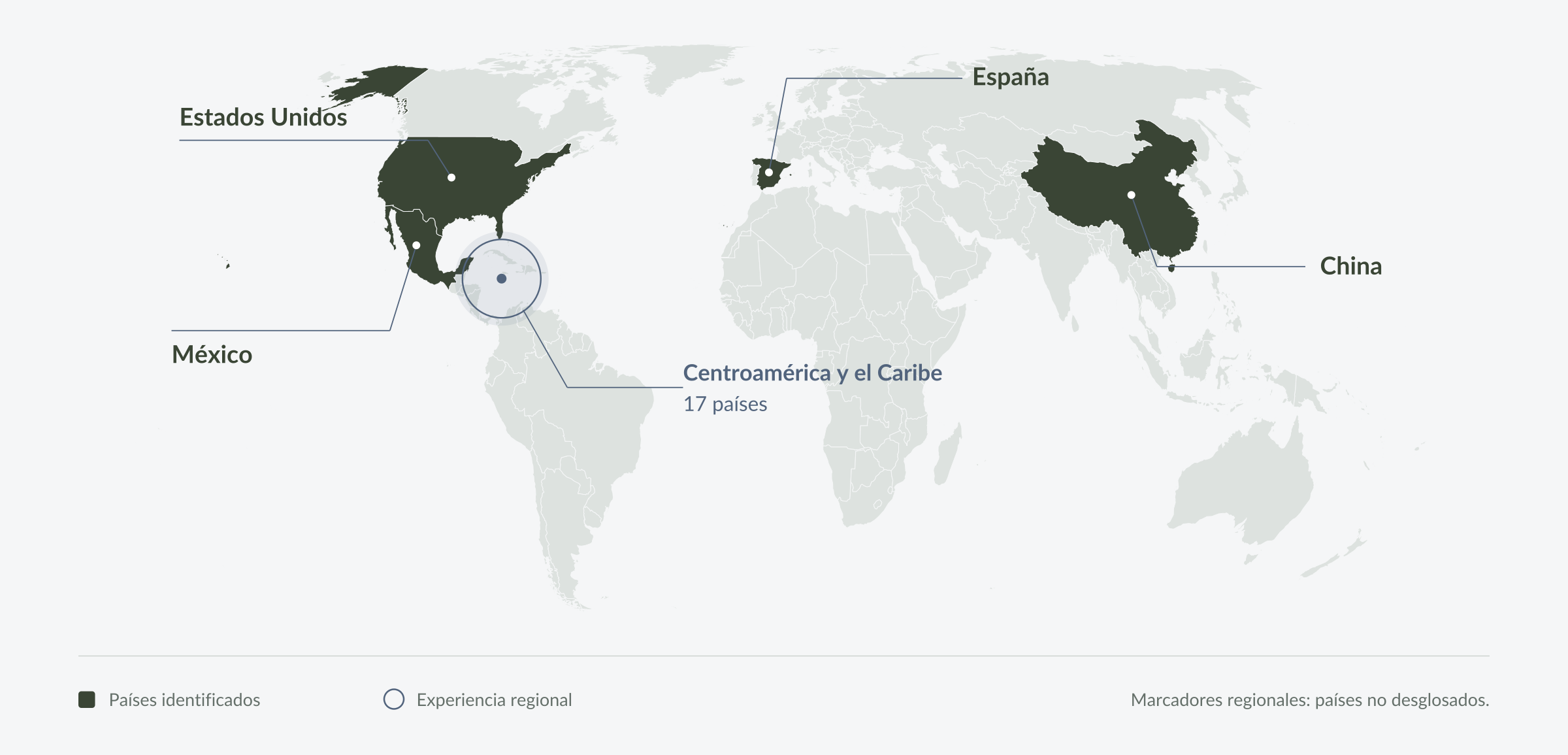Mapa de experiencia de STRTGY: México, Estados Unidos, China, España y 17 países de Centroamérica y el Caribe. Centroamérica y el Caribe se señalan por región, sin desglose de países.
