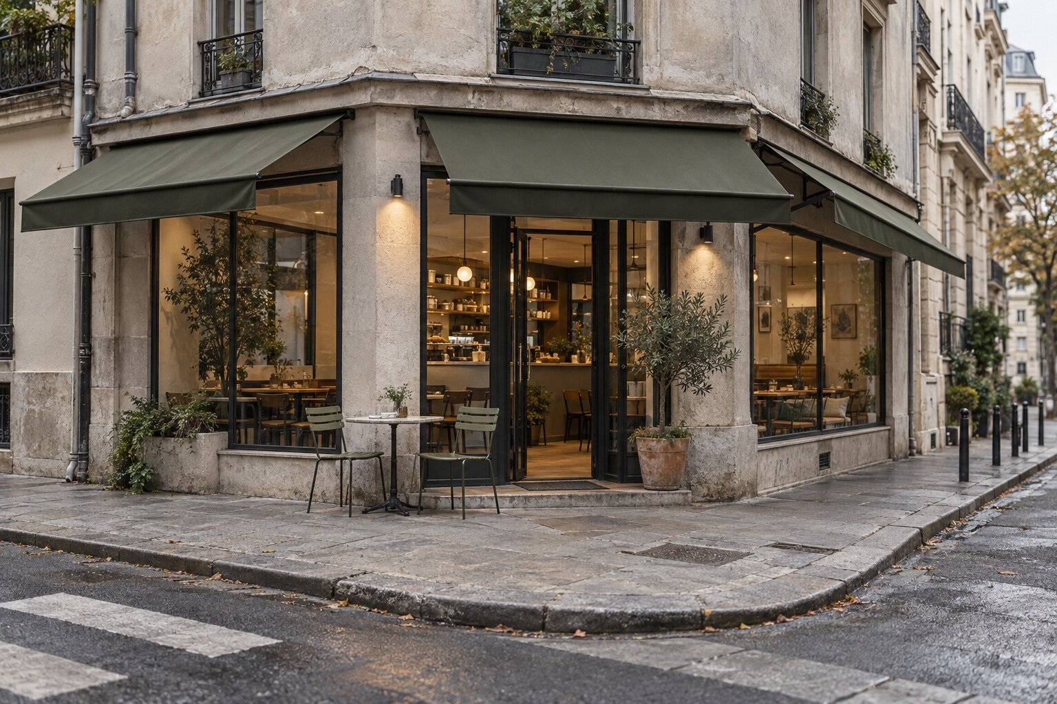 Illustrative scene of a corner café with sidewalk access and windows facing two streets.
