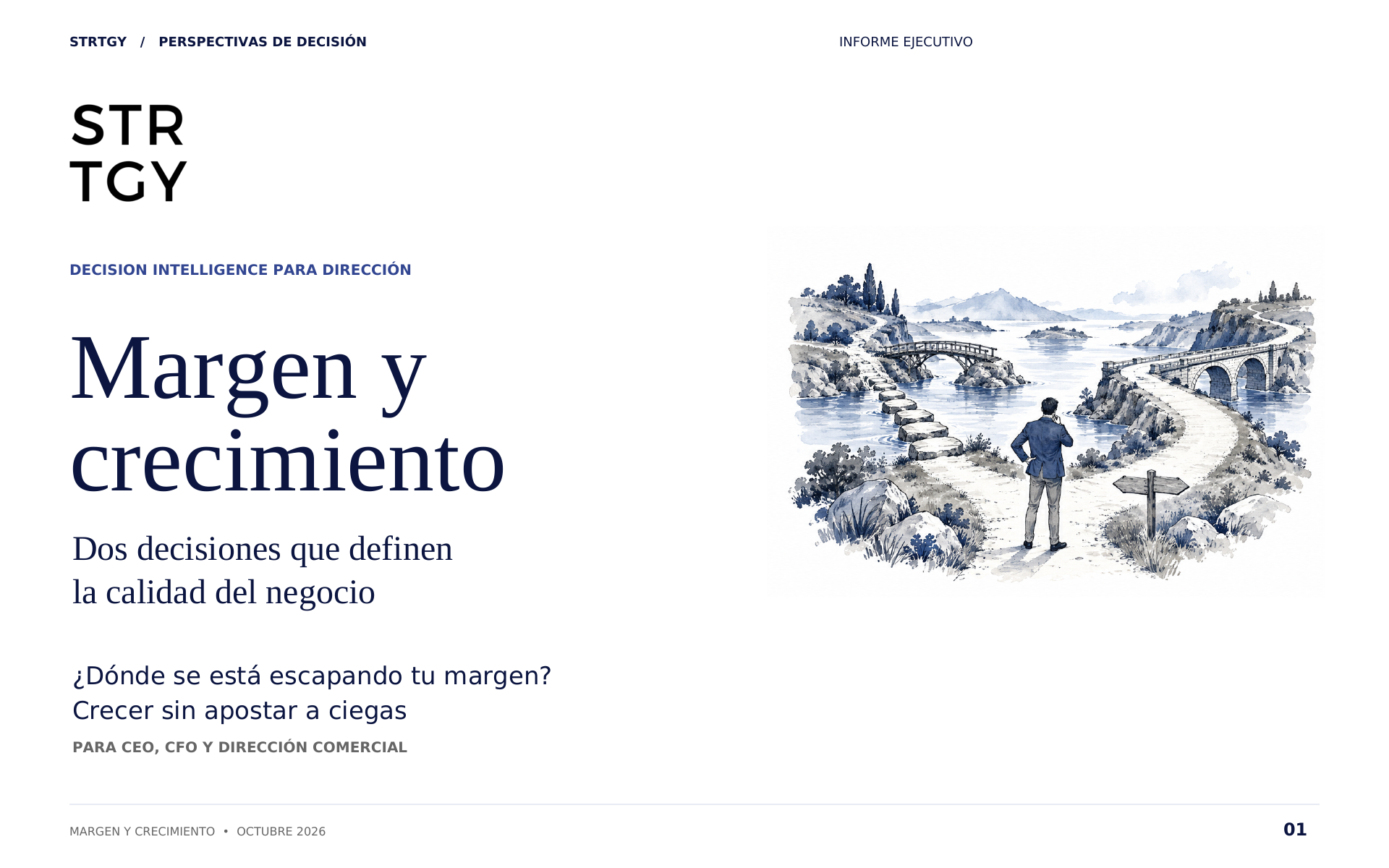 Cover of STRTGY’s Margin and growth report, October 2026. Spanish-language PDF.