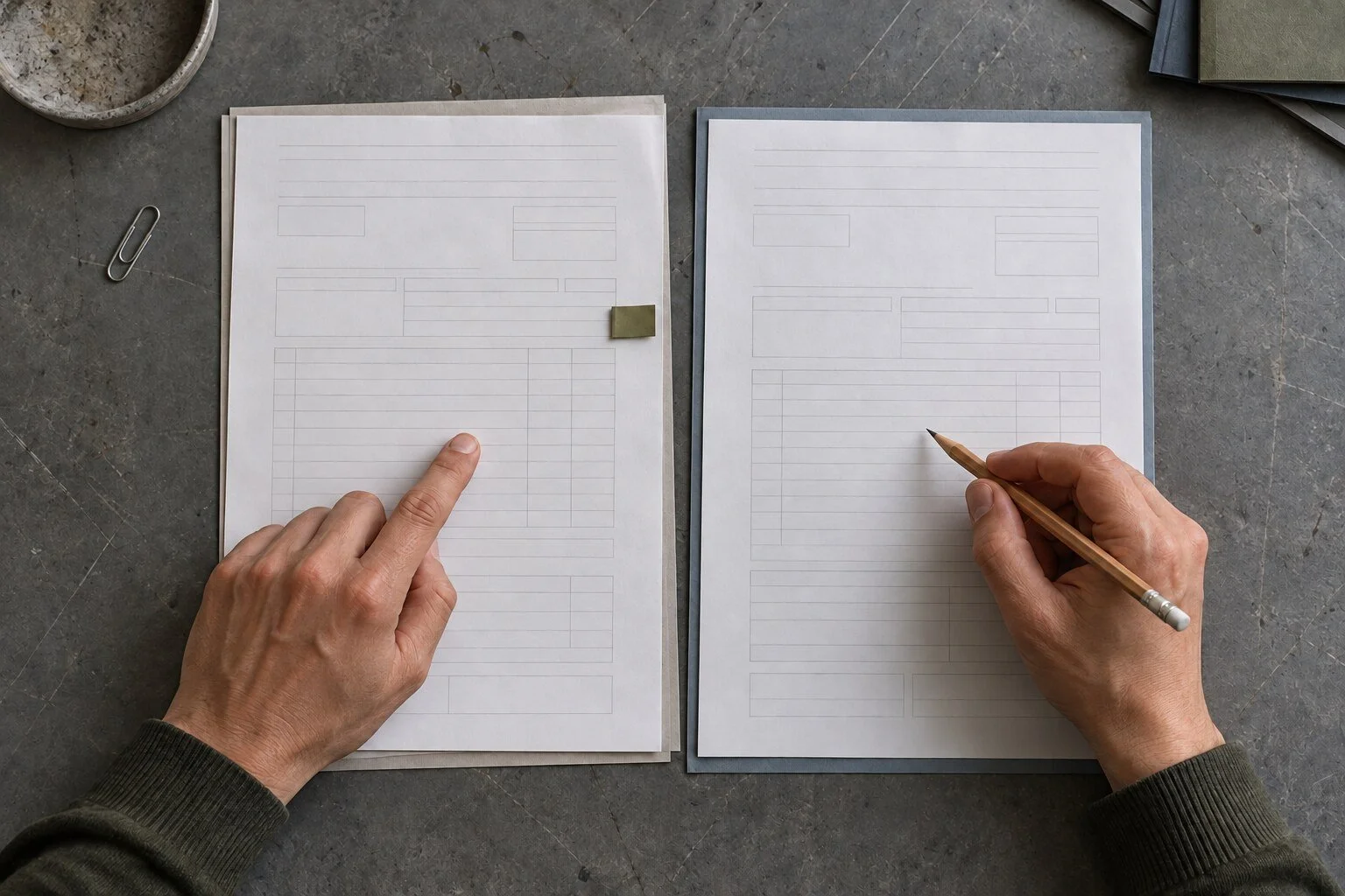 Manos comparando dos formularios de embarque sobre una mesa gris, con un lápiz y una pestaña de papel.