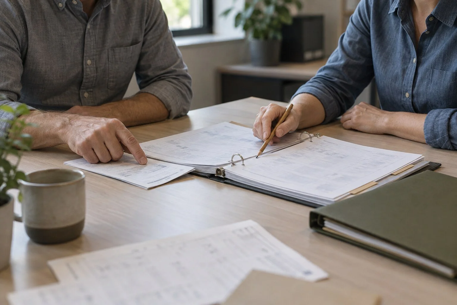 Two people review an open binder and a work document on a table, pointing to the supporting record with a finger and pencil.