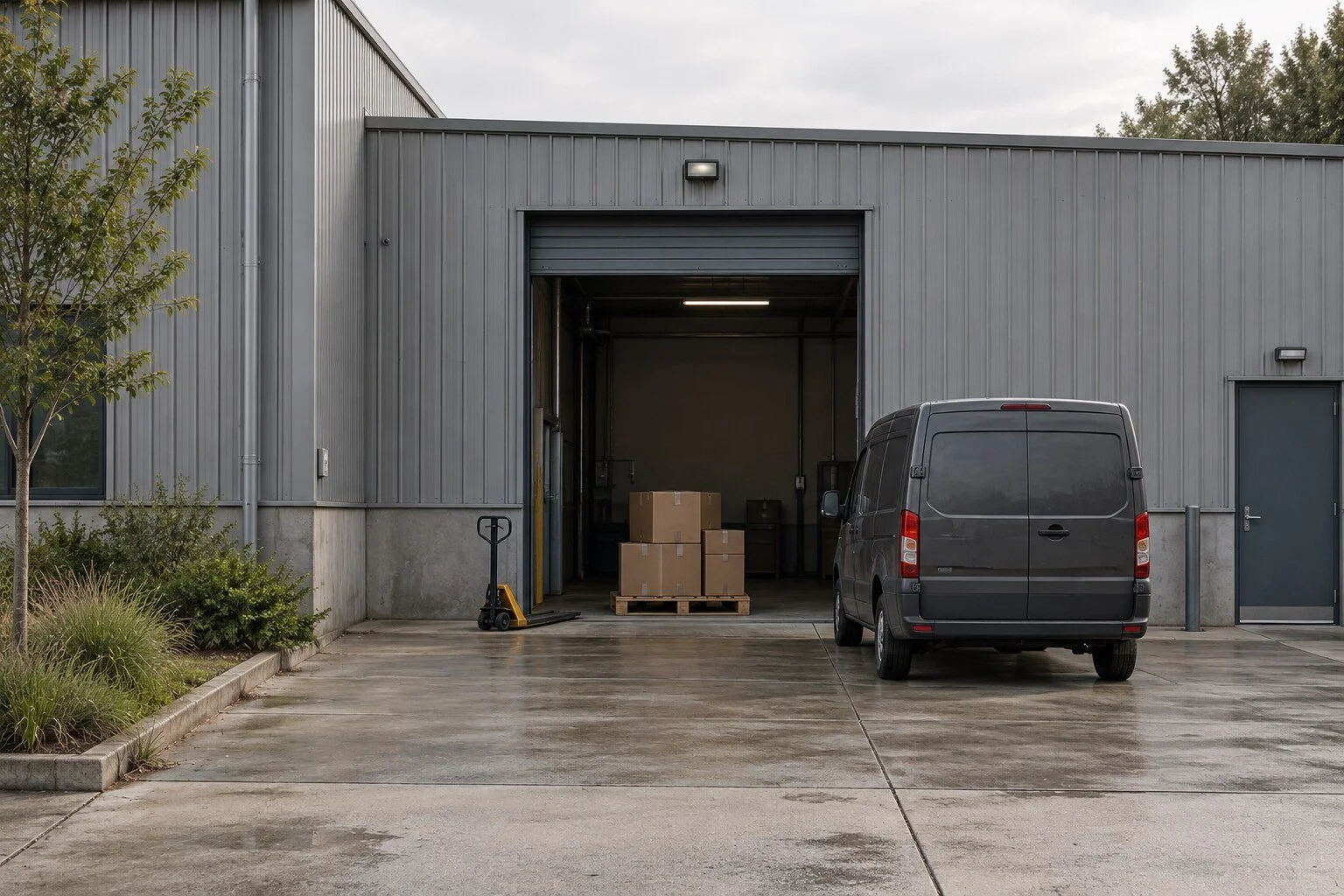 Escena ilustrativa de un pequeño punto de distribución con acceso de carga, cajas y una camioneta.