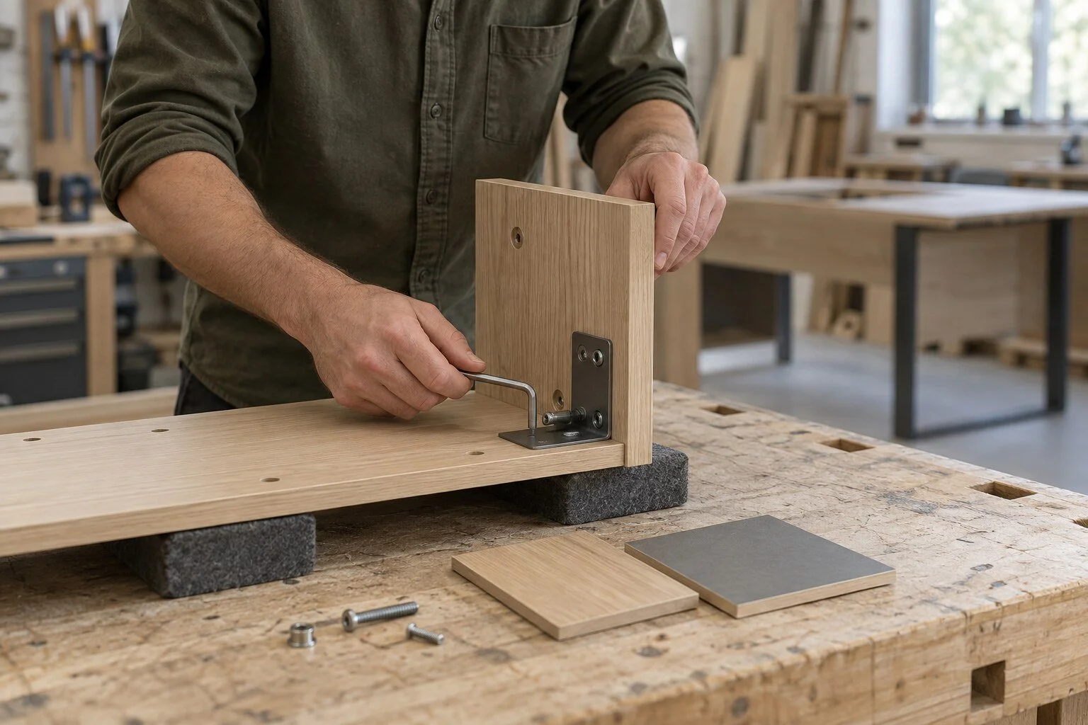 Hands reviewing a metal joint between modular furniture panels beside finish samples on a workshop bench.