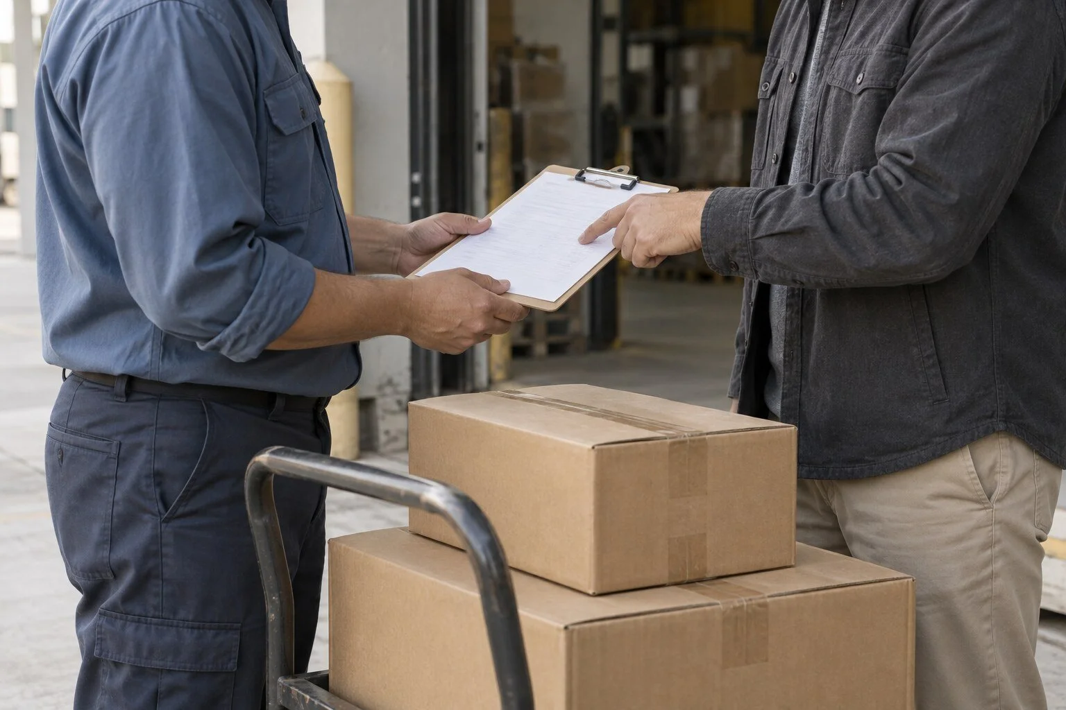 Illustrative commercial delivery scene, with boxes and a delivery receipt being reviewed at a loading entrance.