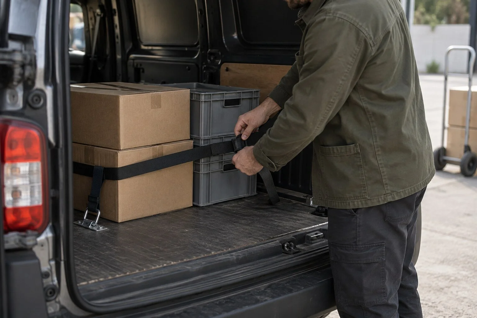Manos revisando la correa de sujeción de cajas y contenedores en la parte trasera de una camioneta de reparto.
