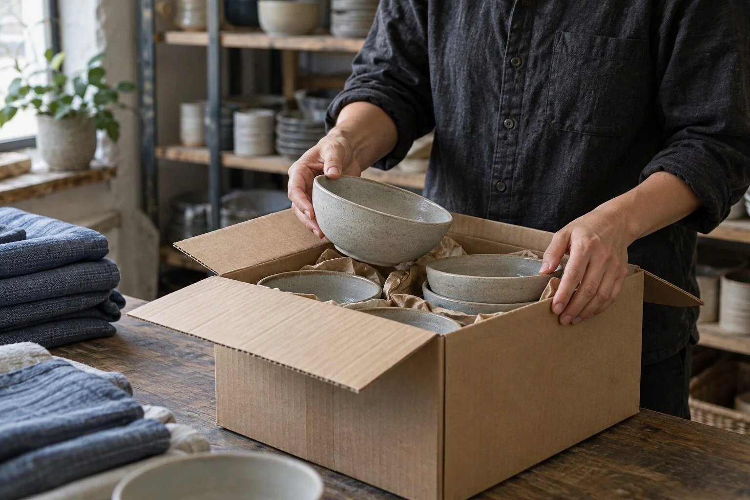 Hands checking home goods and preparing a carton beside an inventory shelf.