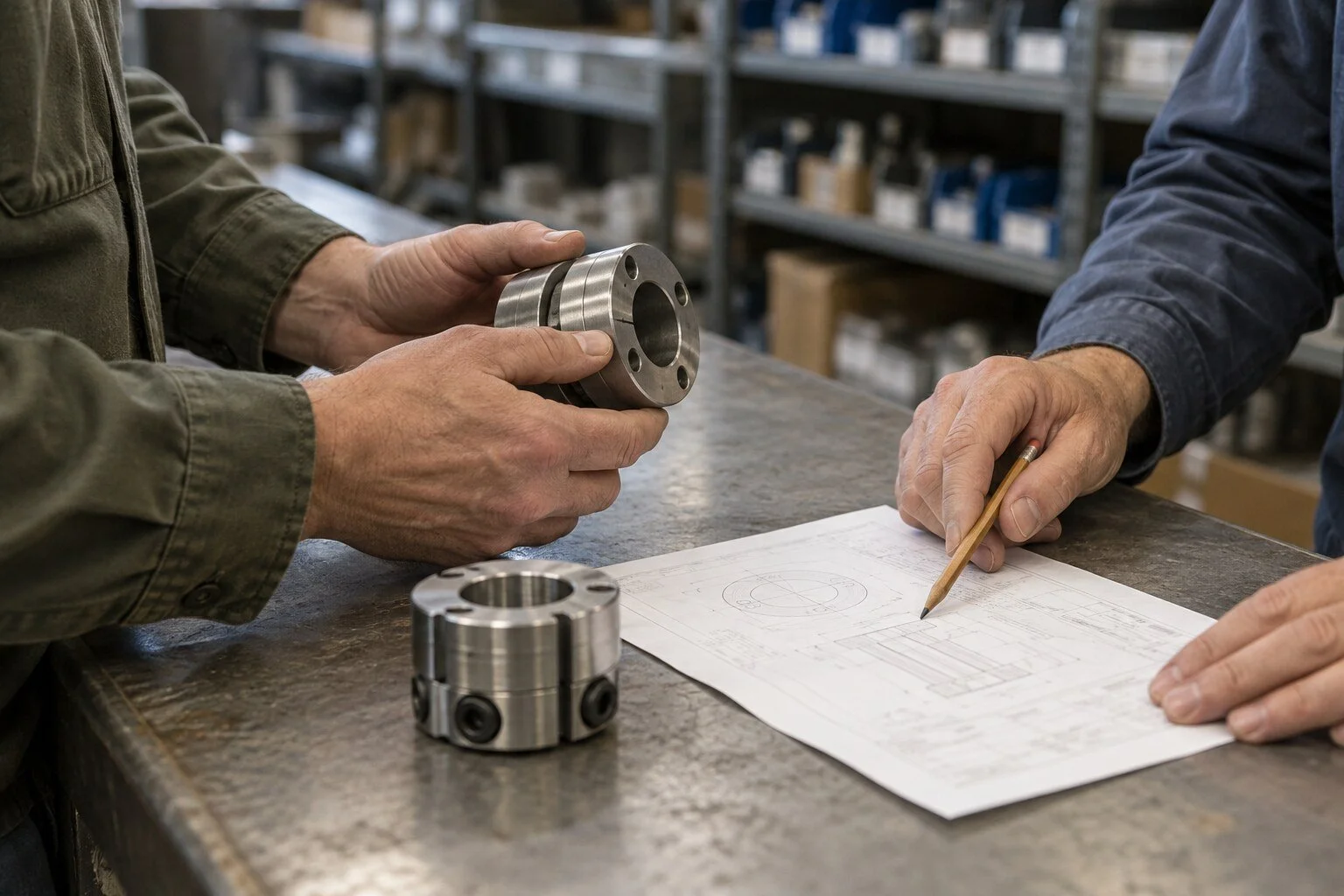 Close view of components and paperwork being reviewed at an industrial distributor's counter.