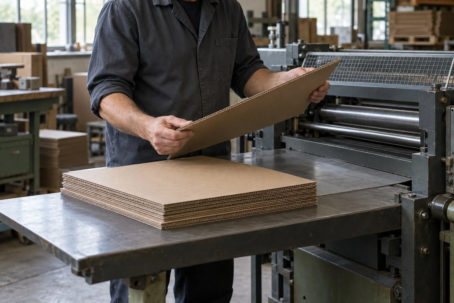 A person inspects a corrugated cardboard sheet beside a stack of sheets and a roller machine in a workshop.