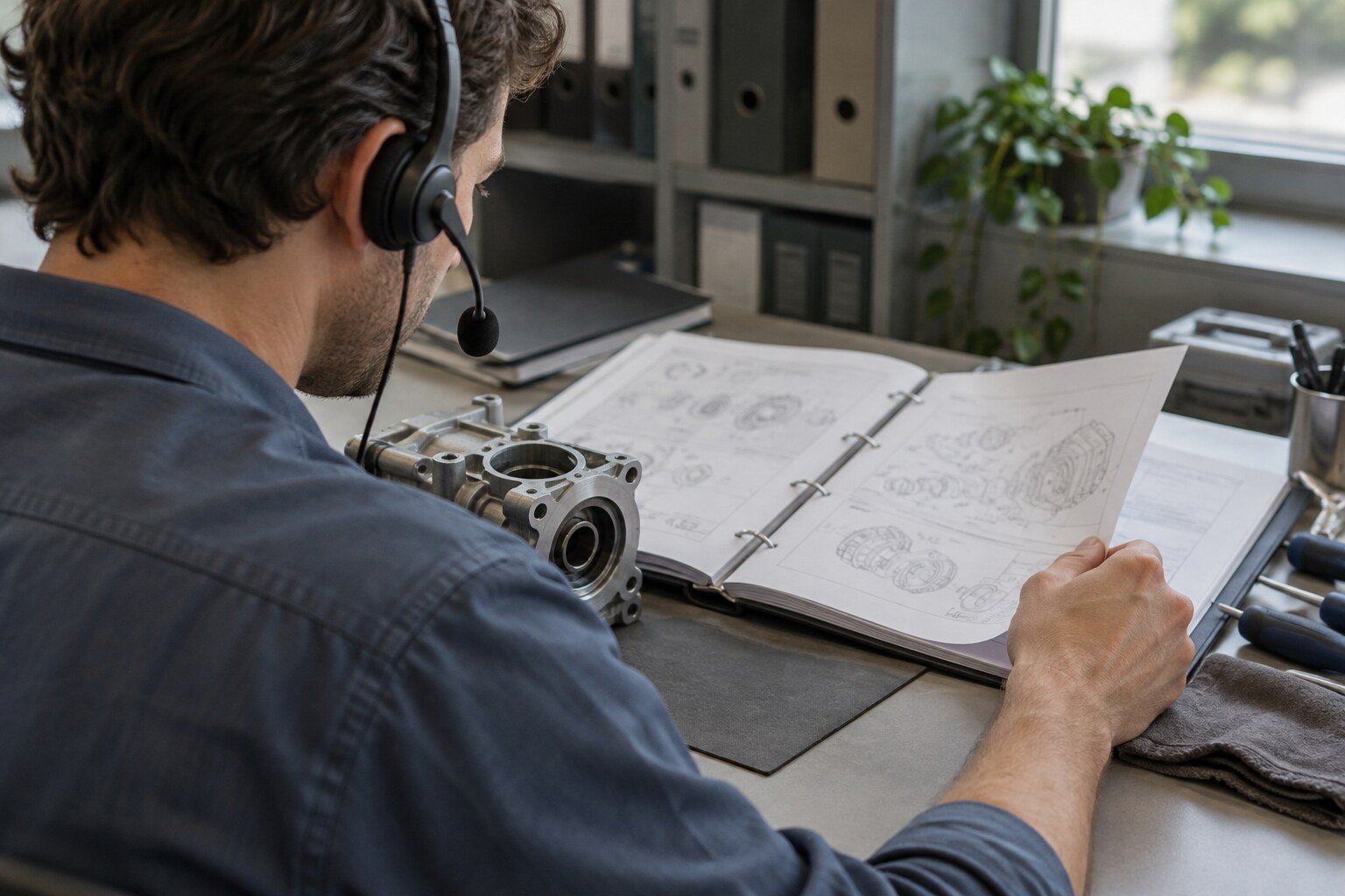 Illustrative after-sales support advisor with a headset, manual and technical equipment.