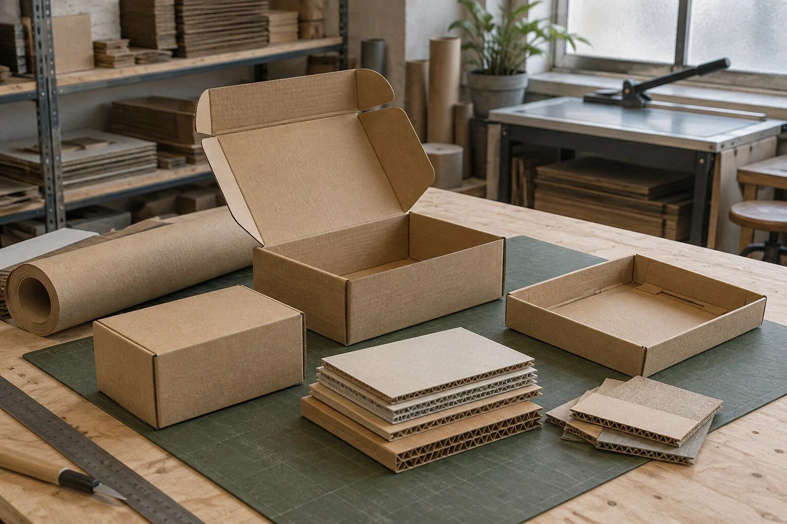 Illustrative scene of packaging prototypes and corrugated cardboard samples on a workshop table.