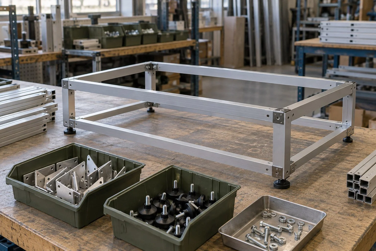 Illustrative scene of sorted components beside a workbench for assembling commercial display equipment.