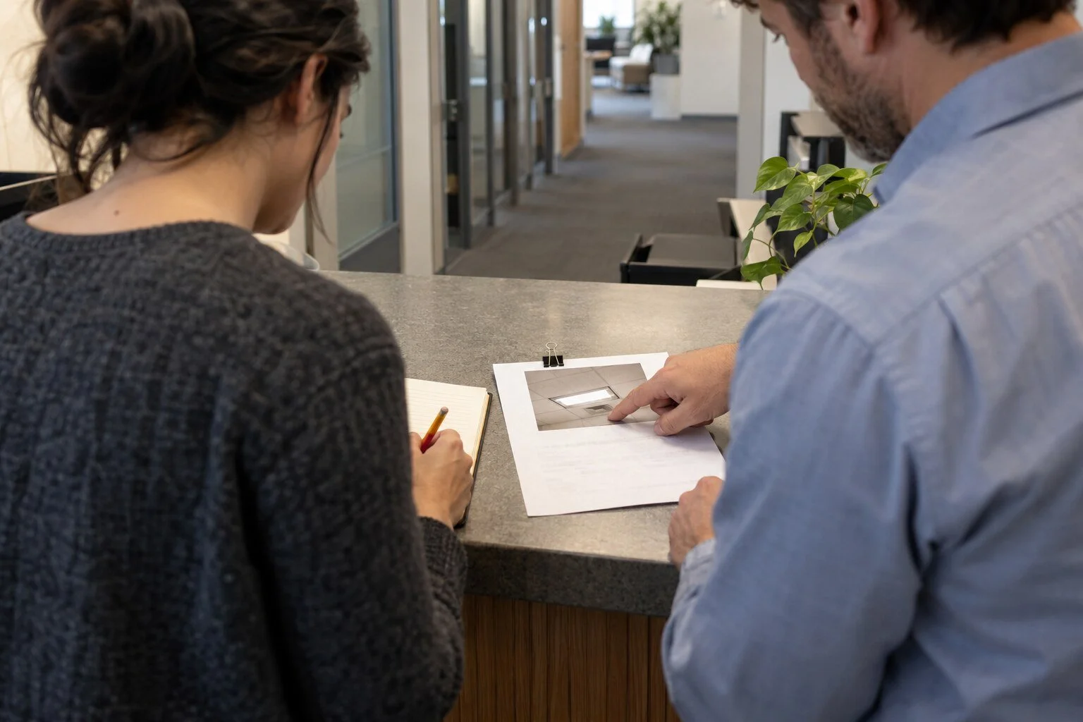 Two coworkers review a request with a photograph of a ceiling light while one person takes notes in a notebook.