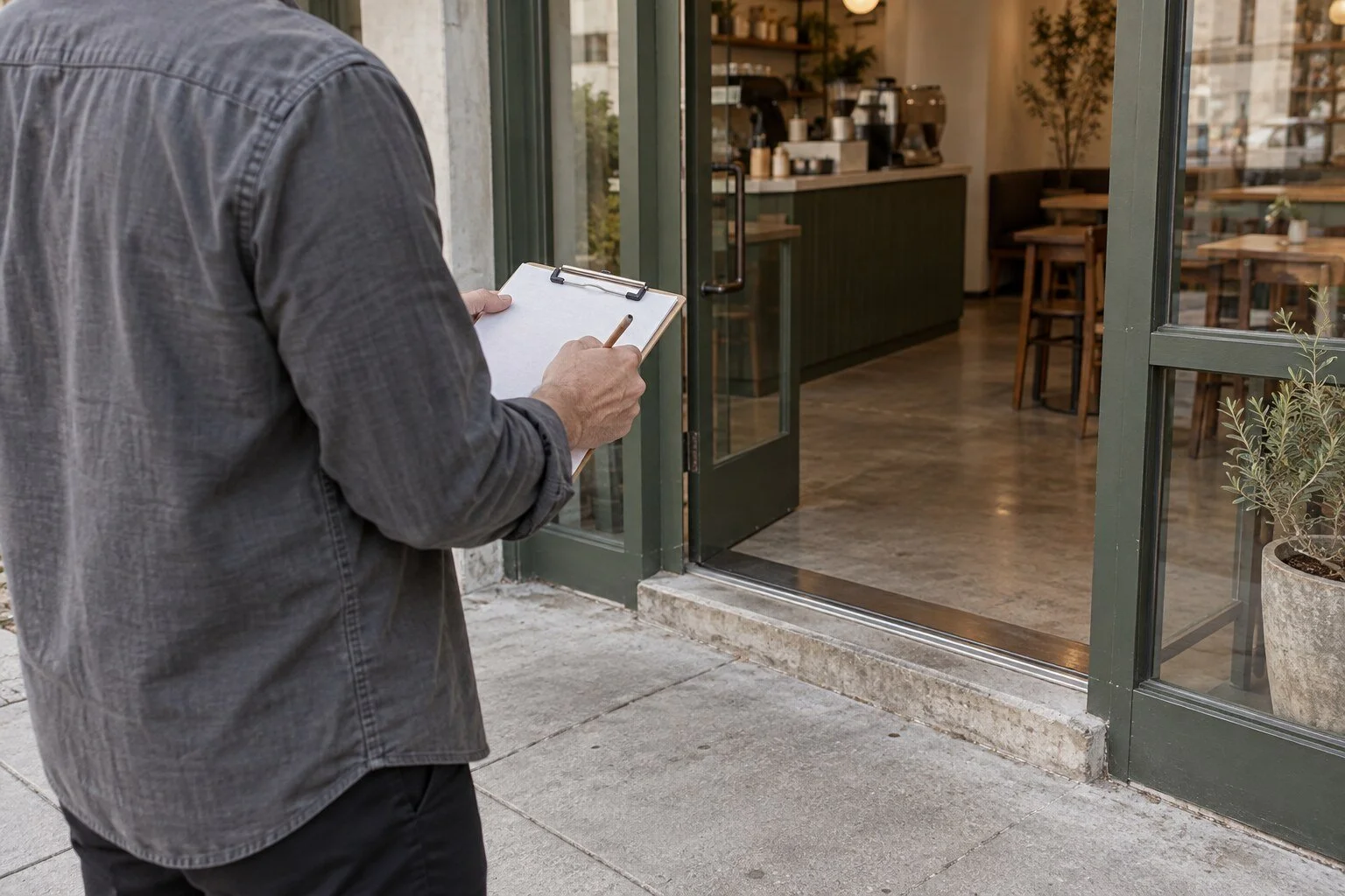Una persona sostiene un portapapeles frente a la entrada de una cafetería durante una visita de revisión del local.