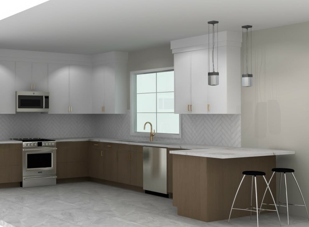 Modern kitchen with white upper cabinets, brown lower cabinets, a white marble countertop, a window, and pendant lights over the counter.