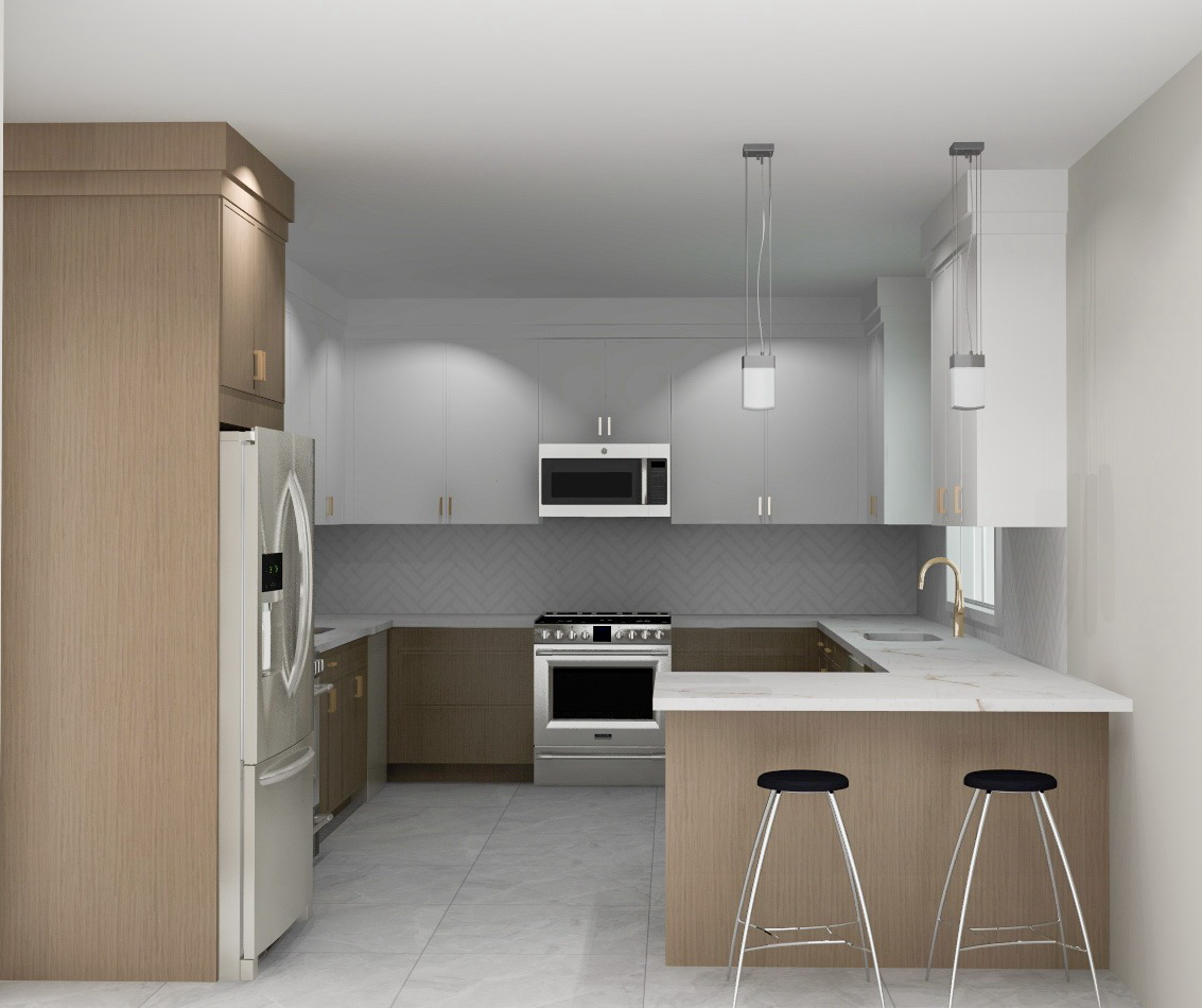 Modern kitchen with white upper cabinets, wooden lower cabinets, stainless steel appliances, a marble countertop, and two black barstools.