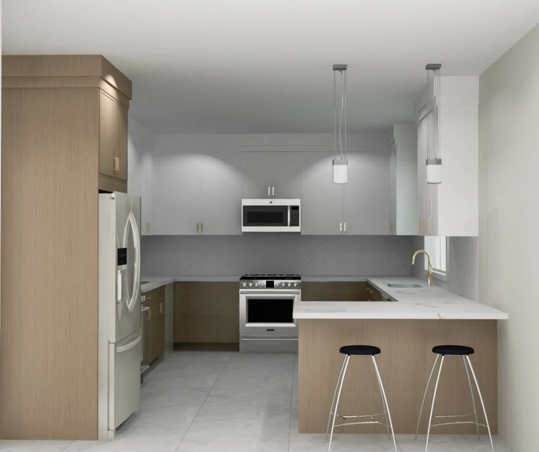 Modern kitchen with white upper cabinets, beige lower cabinets, stainless steel appliances, gray backsplash, marble countertops, and two black barstools at a breakfast bar.
