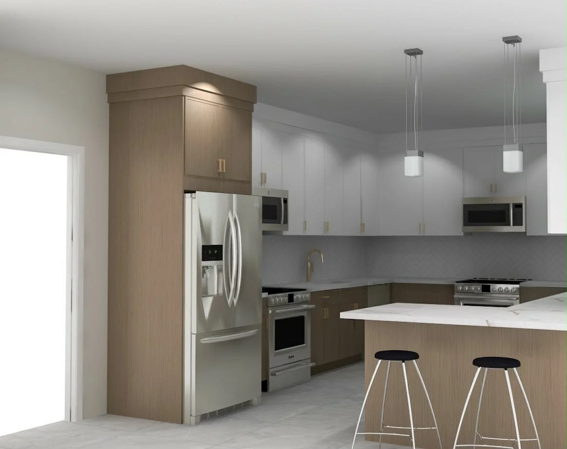 Modern kitchen with wood and white cabinets, stainless steel appliances, a marble countertop island, and two black bar stools.