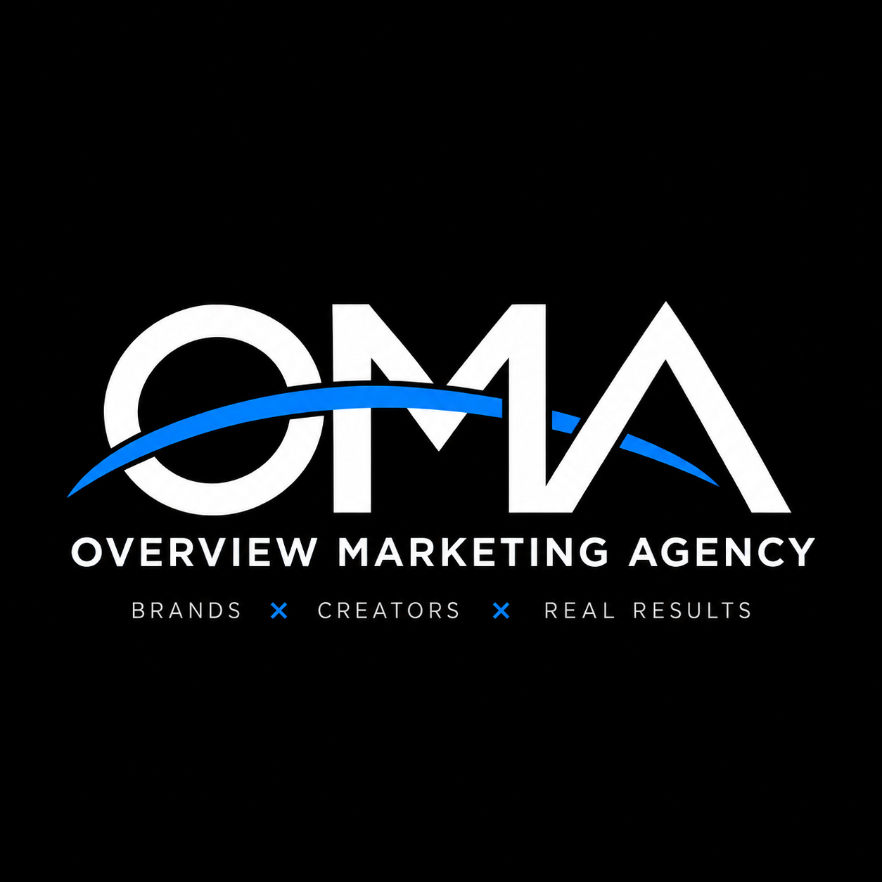 Logo for Overview Marketing Agency with the initials OMA and a blue swoosh, including tagline 'Brands, Creators, Real Results' on a black background.