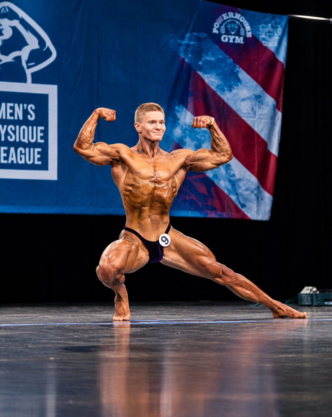 A male bodybuilder with a muscular physique posing on stage during a bodybuilding competition, with a banner in the background that reads "Women's Physique League" and "Powerhouse Gym".