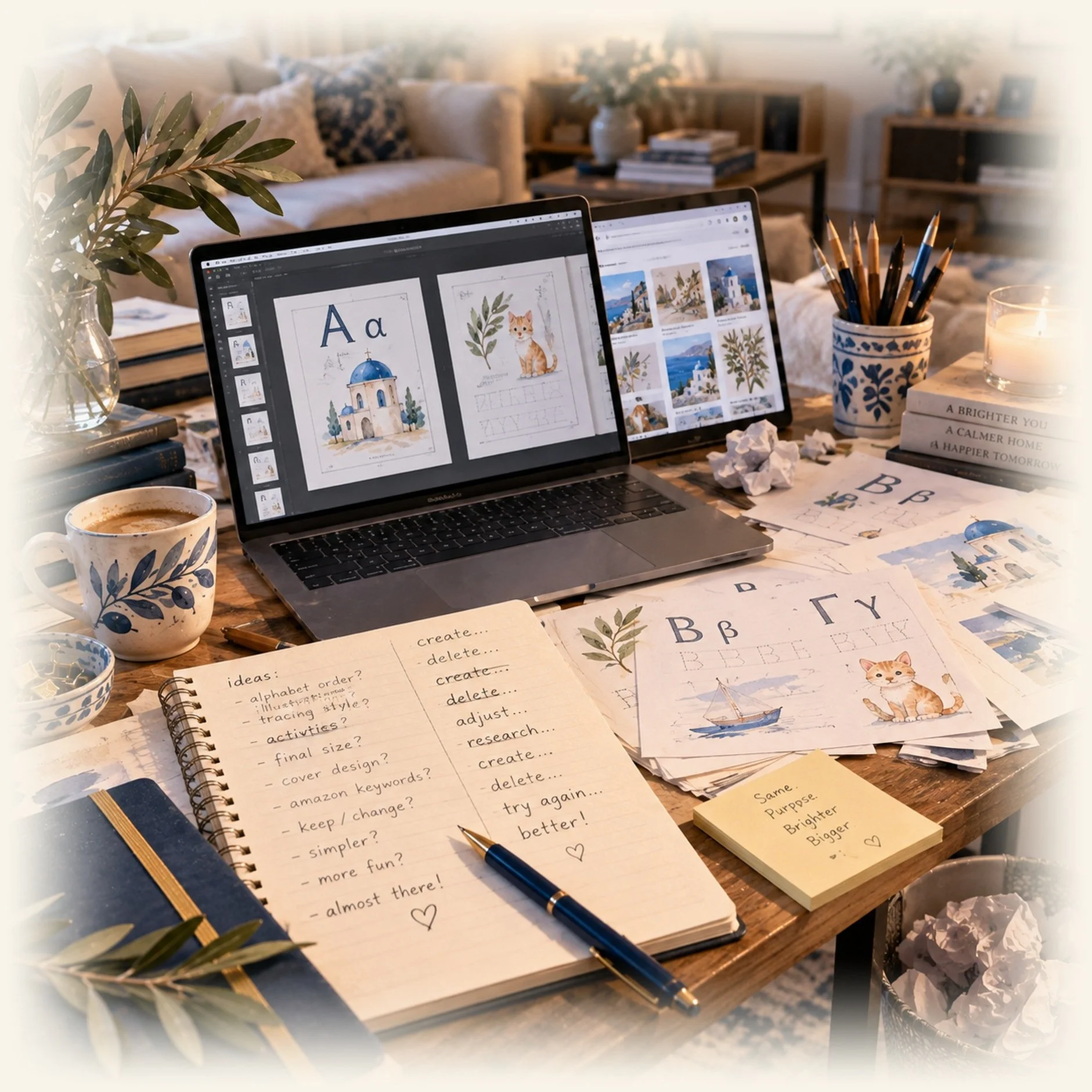 A workspace featuring a table with creative projects, notebooks, a laptop displaying watercolor illustrations, a cup of coffee, a pen, stacked books with motivational titles, a container with pens, a candle, and various papers and sketches spread out, all in a cozy living room setting.