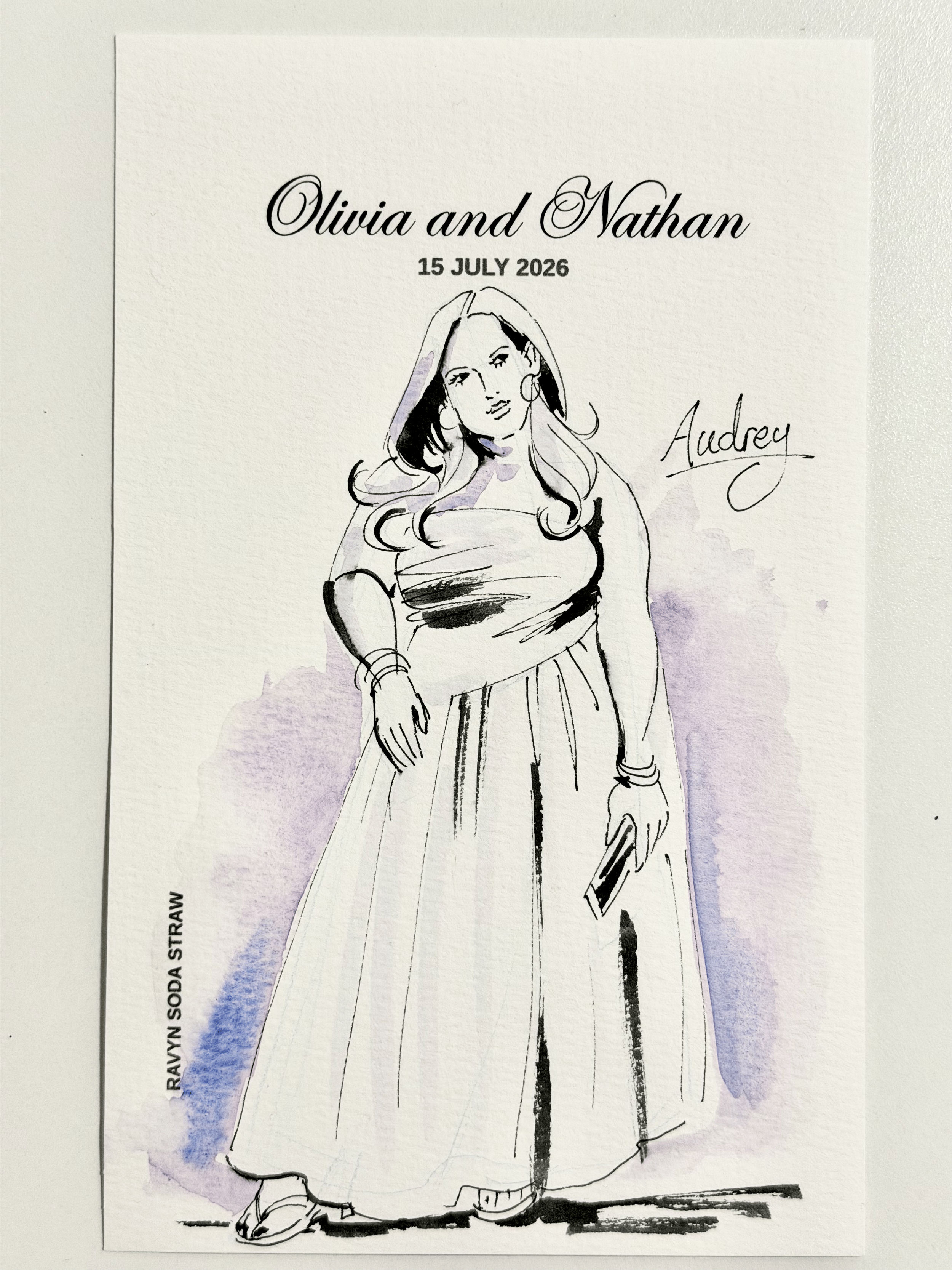 Live event illustration for corporate events, weddings, woman drawn in ink on watercolour paper with gouache accent colour painting