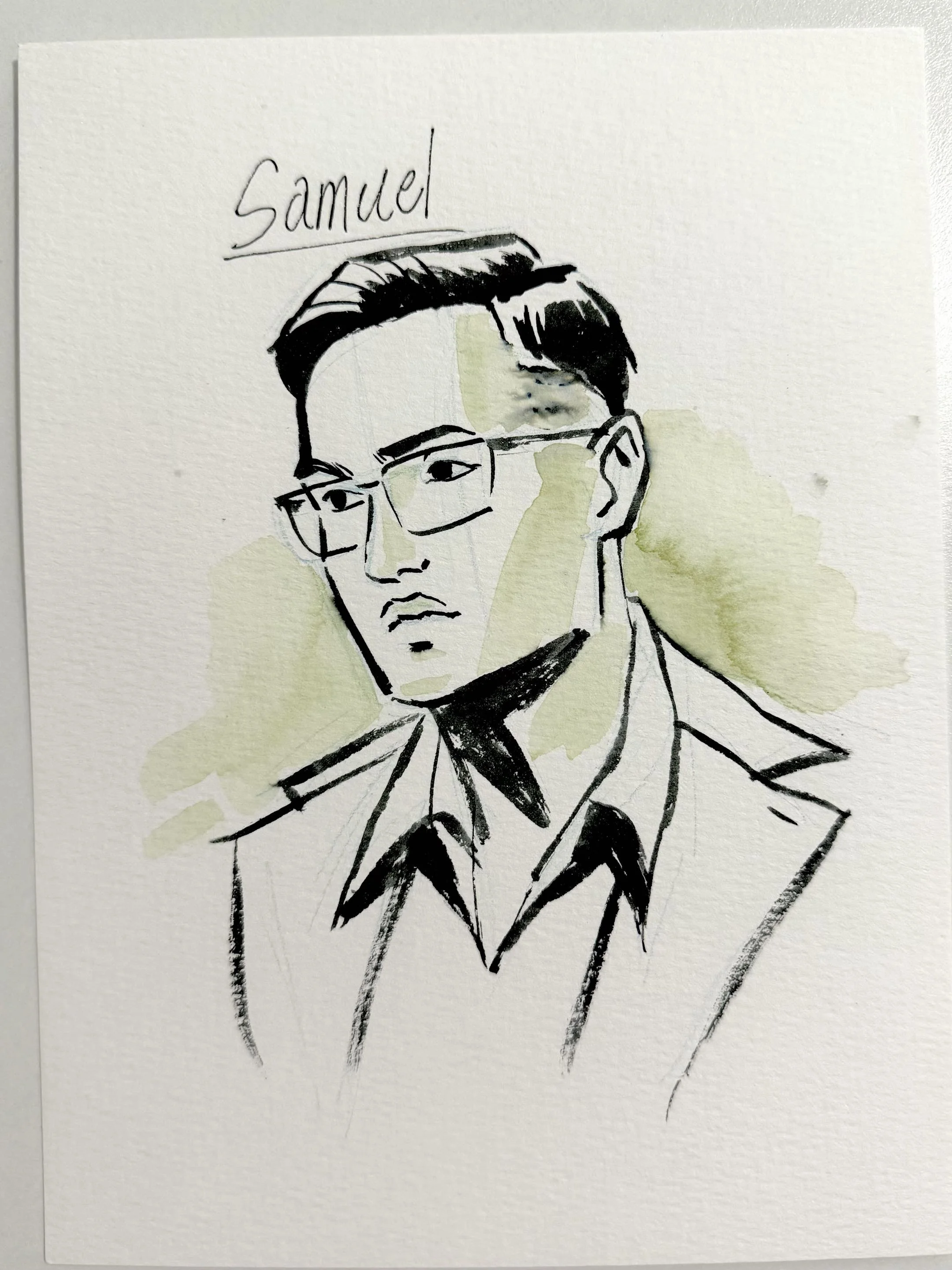 Portrait of a man drawn in ink by live event illustrator Ravyn Soda Straw