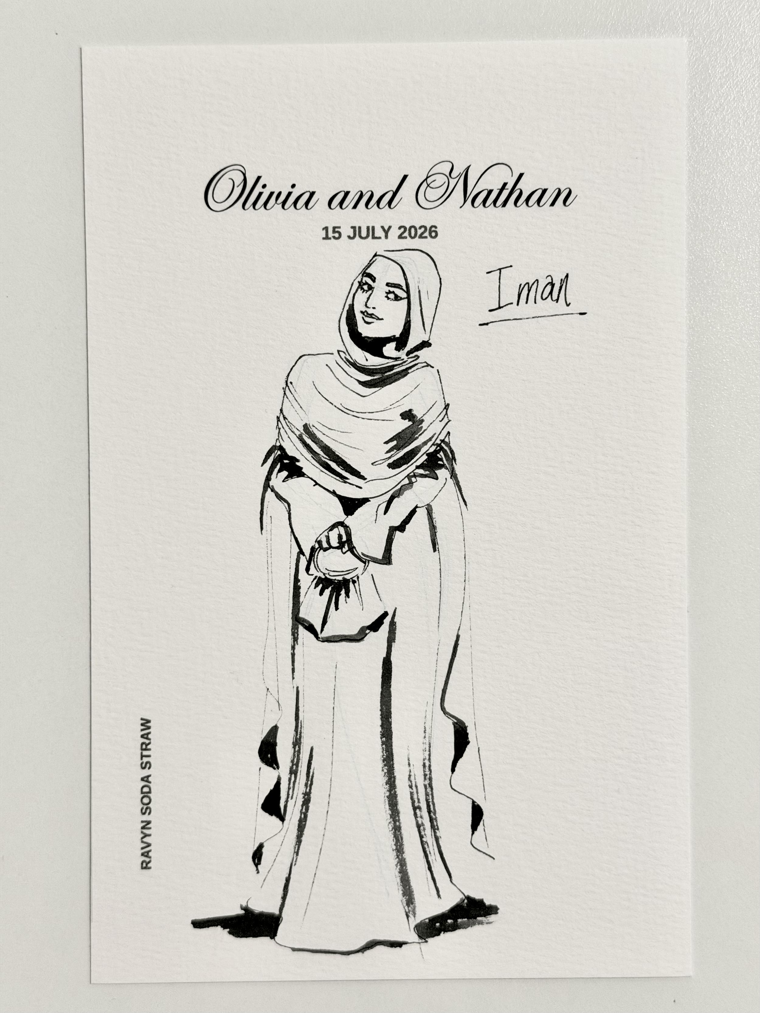 Corporate event live illustration, guest portrait drawn in ink on watercolour paper.