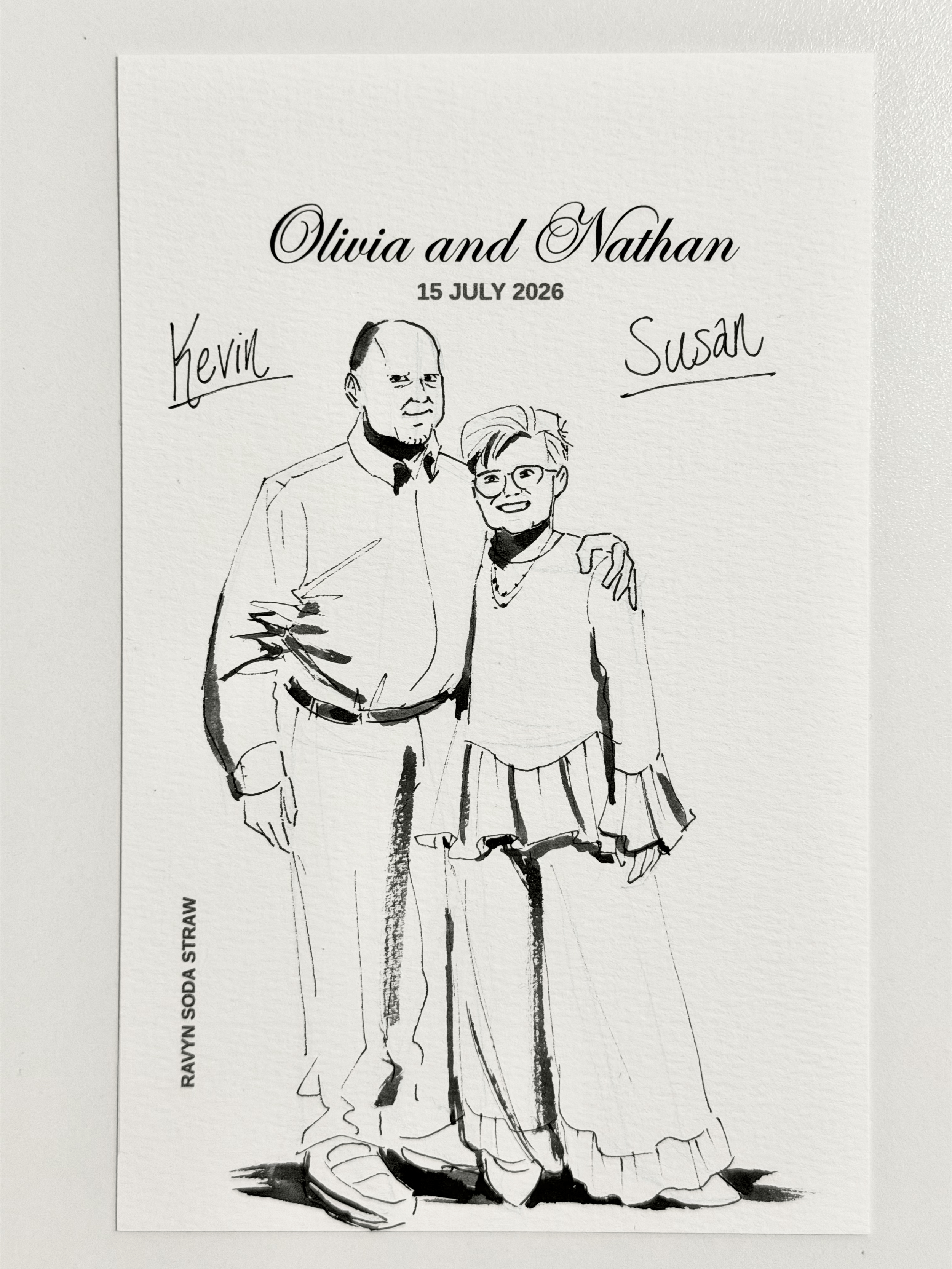 Older couple wedding guests drawn in ink by live event artist Ravyn Soda Straw