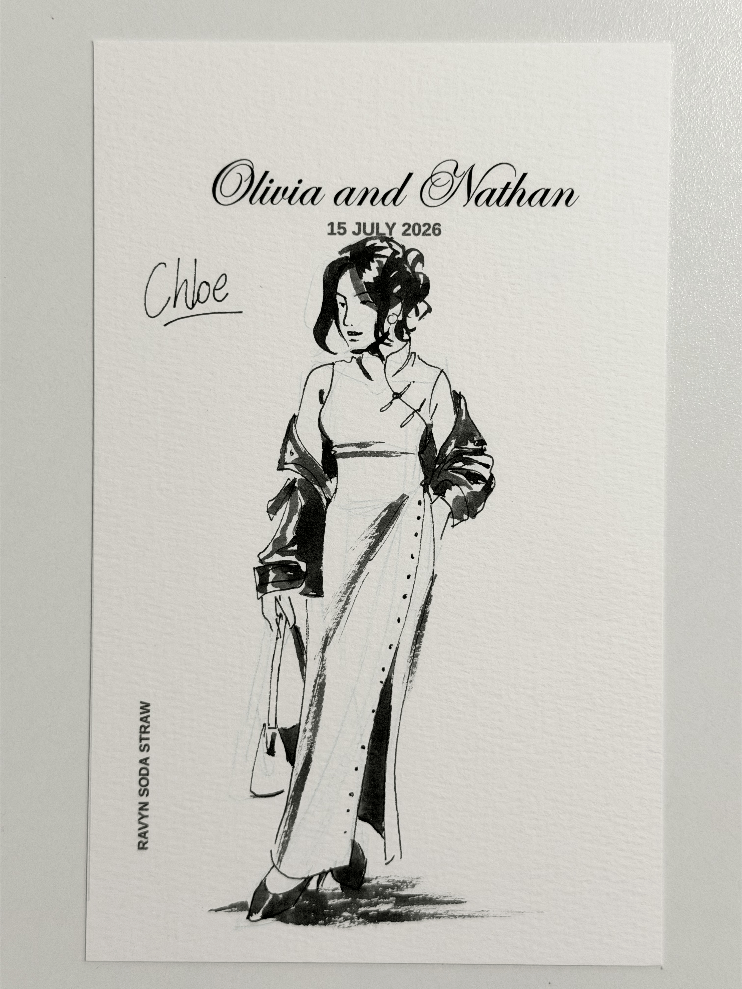 Drawing by live event artist Ravyn Soda Straw of a woman attending a wedding. Drawn in ink on watercolour paper.