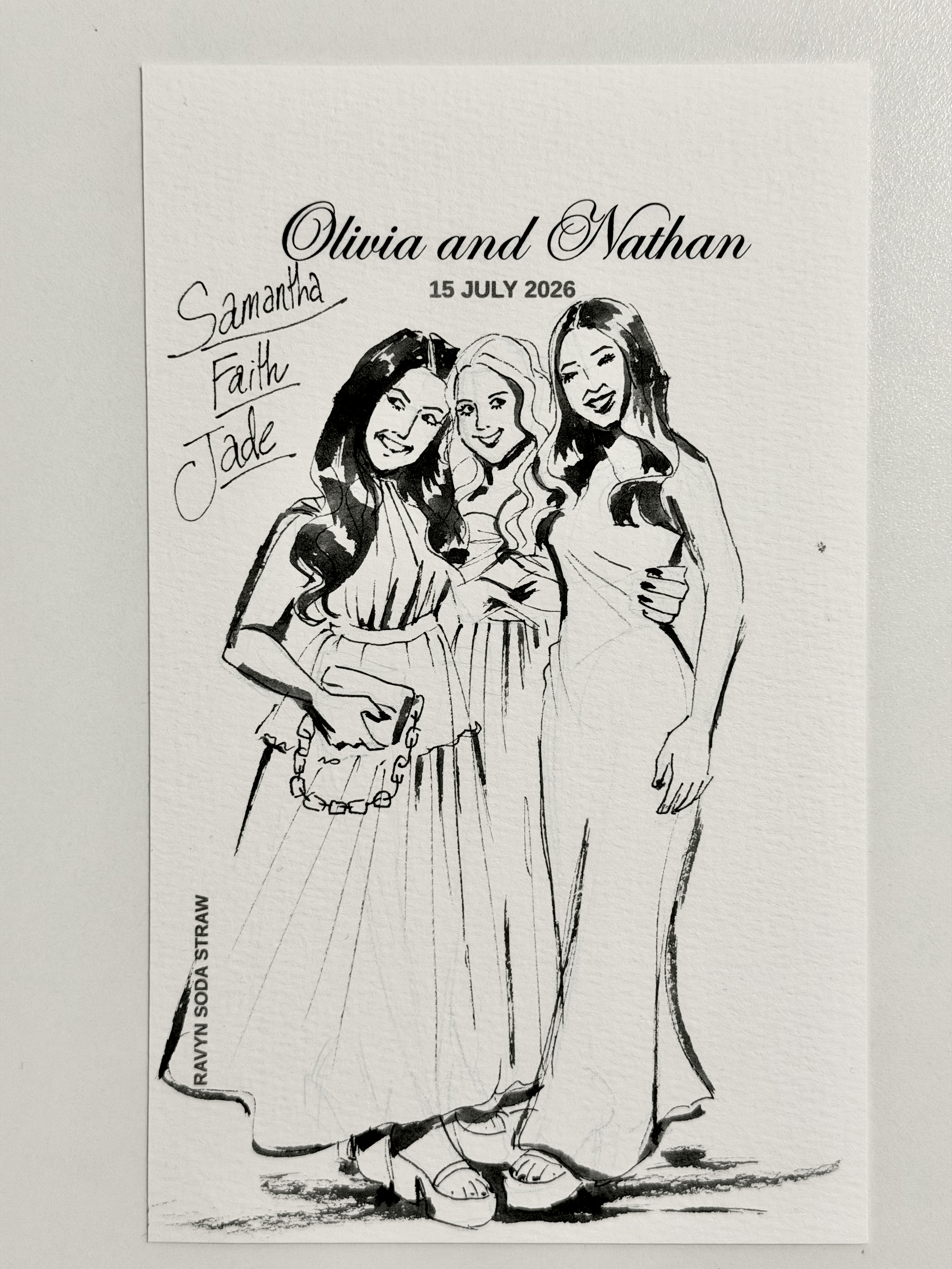 Live Event Illustration of three women at a wedding. Drawn in black ink on watercolour paper.