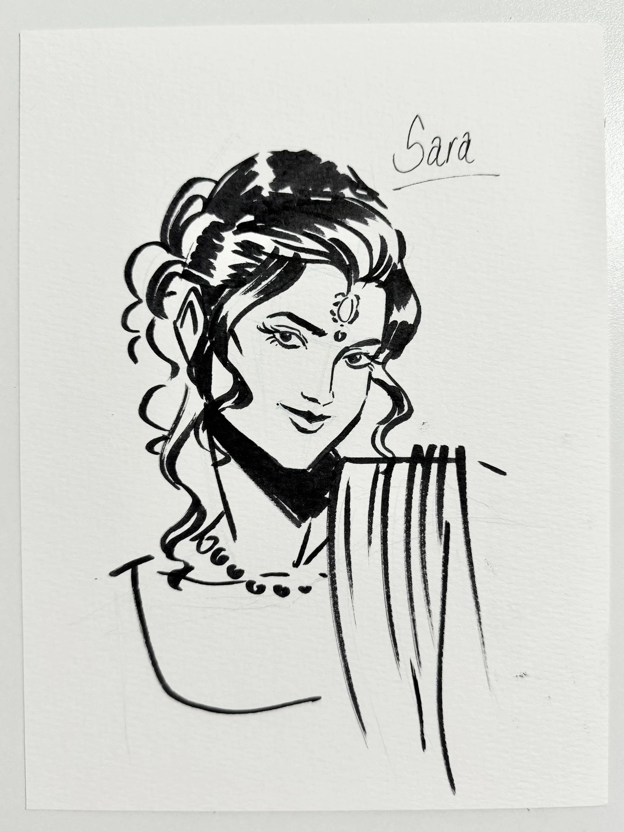 Portrait of a woman wedding guest drawn in ink for an event..