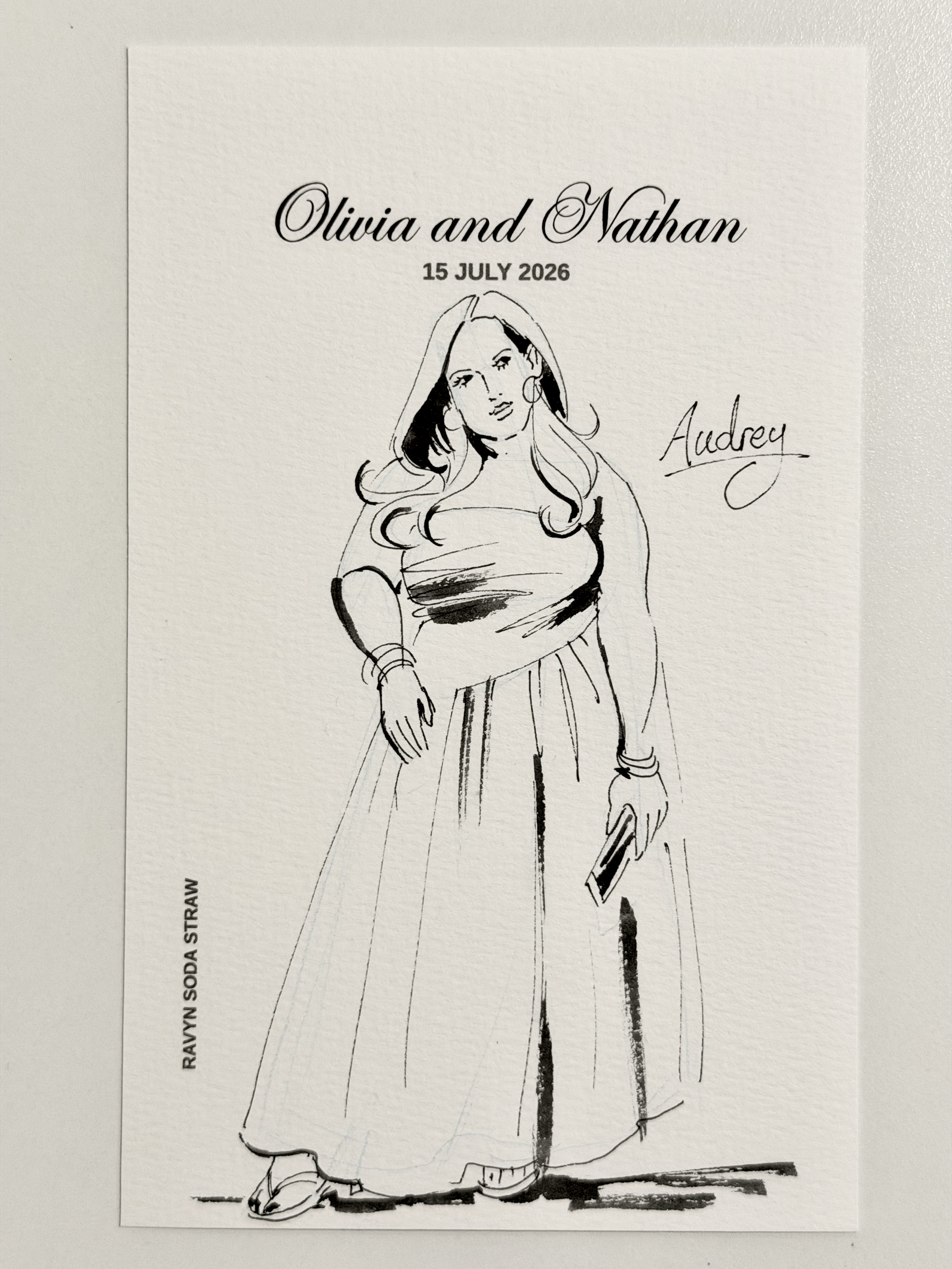 Woman drawn in ink and pen on watercolour paper. Live event illustration corporate event.
