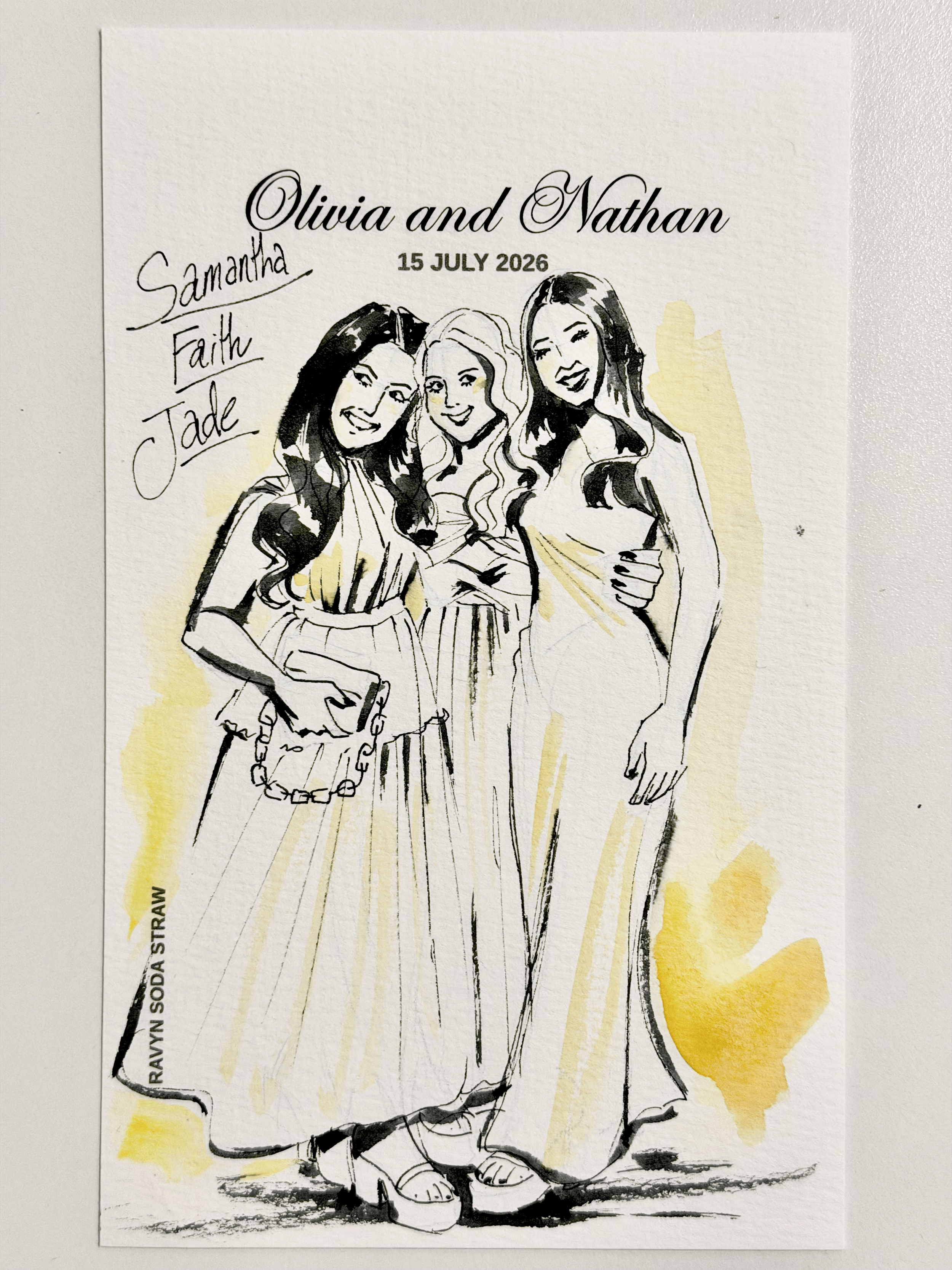 Live event illustration of 3 women wedding guests, hand drawn in ink with yellow gouache accent