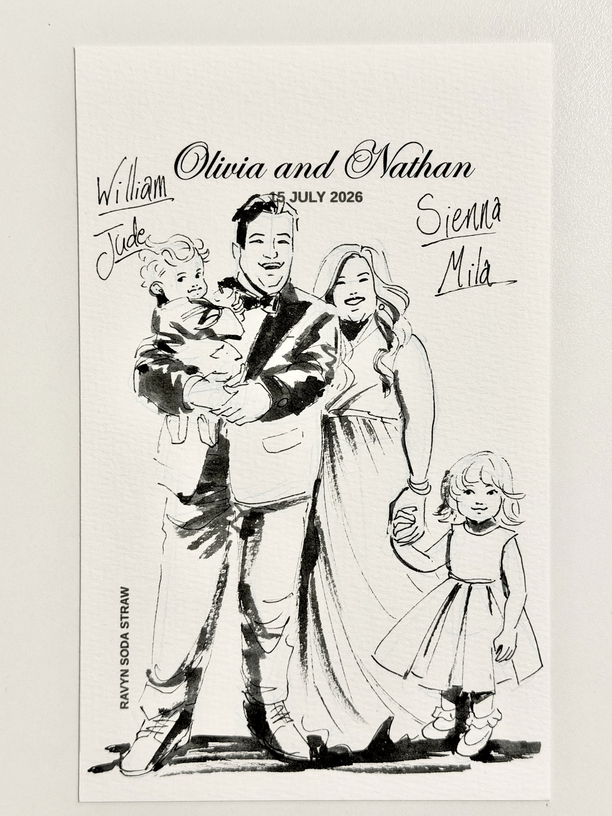 Live illustration of a family of four at a wedding drawn in ink on paper.