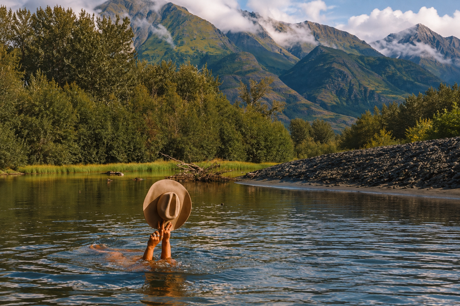 Person swimming in a river with a wide-brimmed hat, lush green trees, rocky riverbank, and mountains in the background