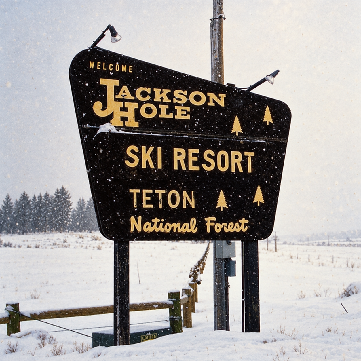 A sign for Jackson Hole Ski Resort in Teton National Forest, with snow falling and snow-covered landscape in the background.
