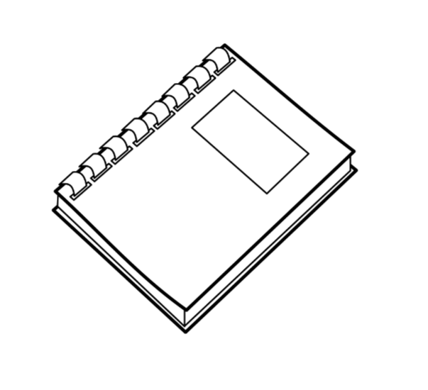 Line drawing of a spiral-bound notebook with a rectangular label on the cover.